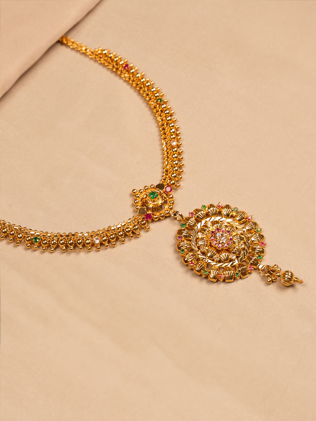 Floral Mandala Gold Necklace with Multicolor Gem Accents