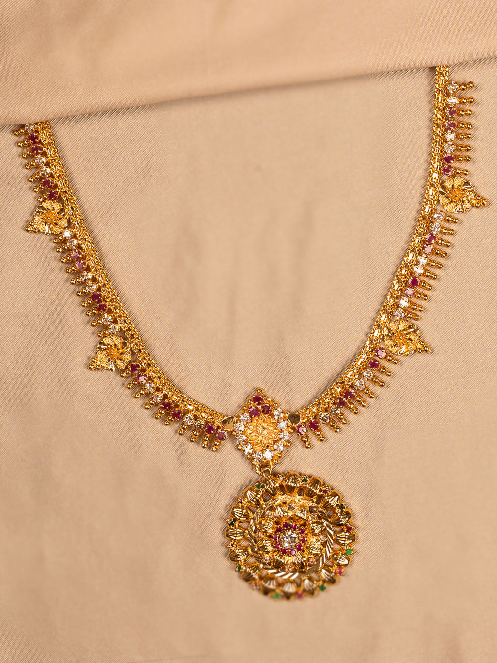 Heritage Gold Temple Necklace with Circular Floral Pendant