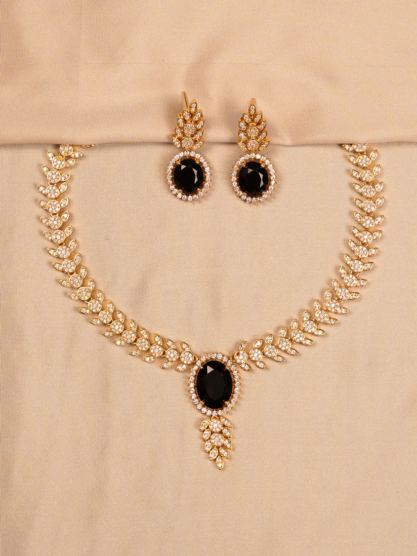 Black Stone & CZ Leaf Necklace Set with Matching Earrings