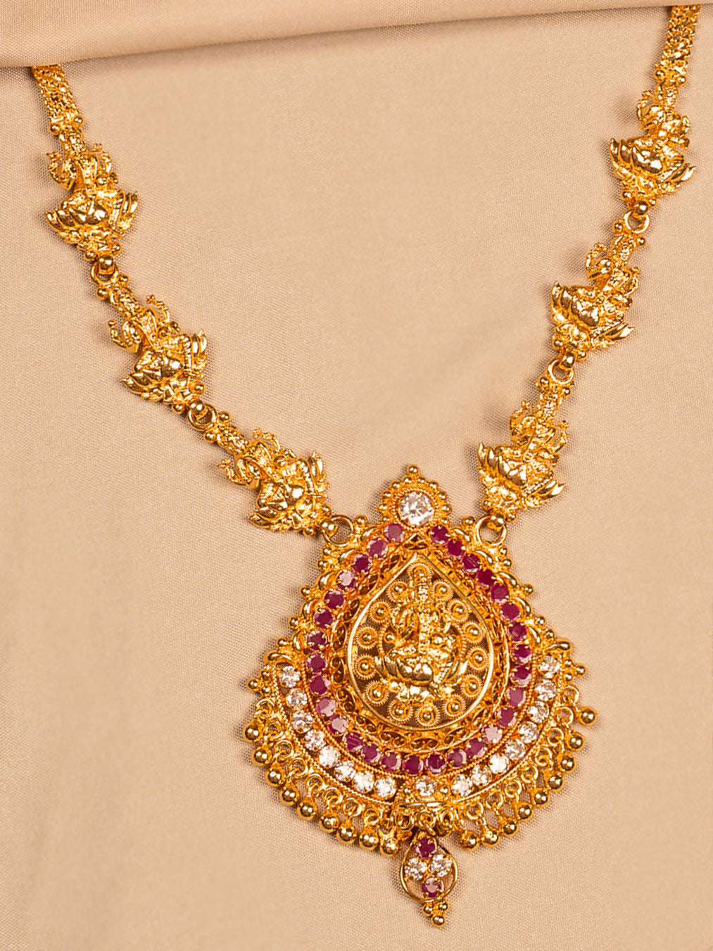 Goddess Lakshmi Temple Necklace with Ruby & CZ Detailing