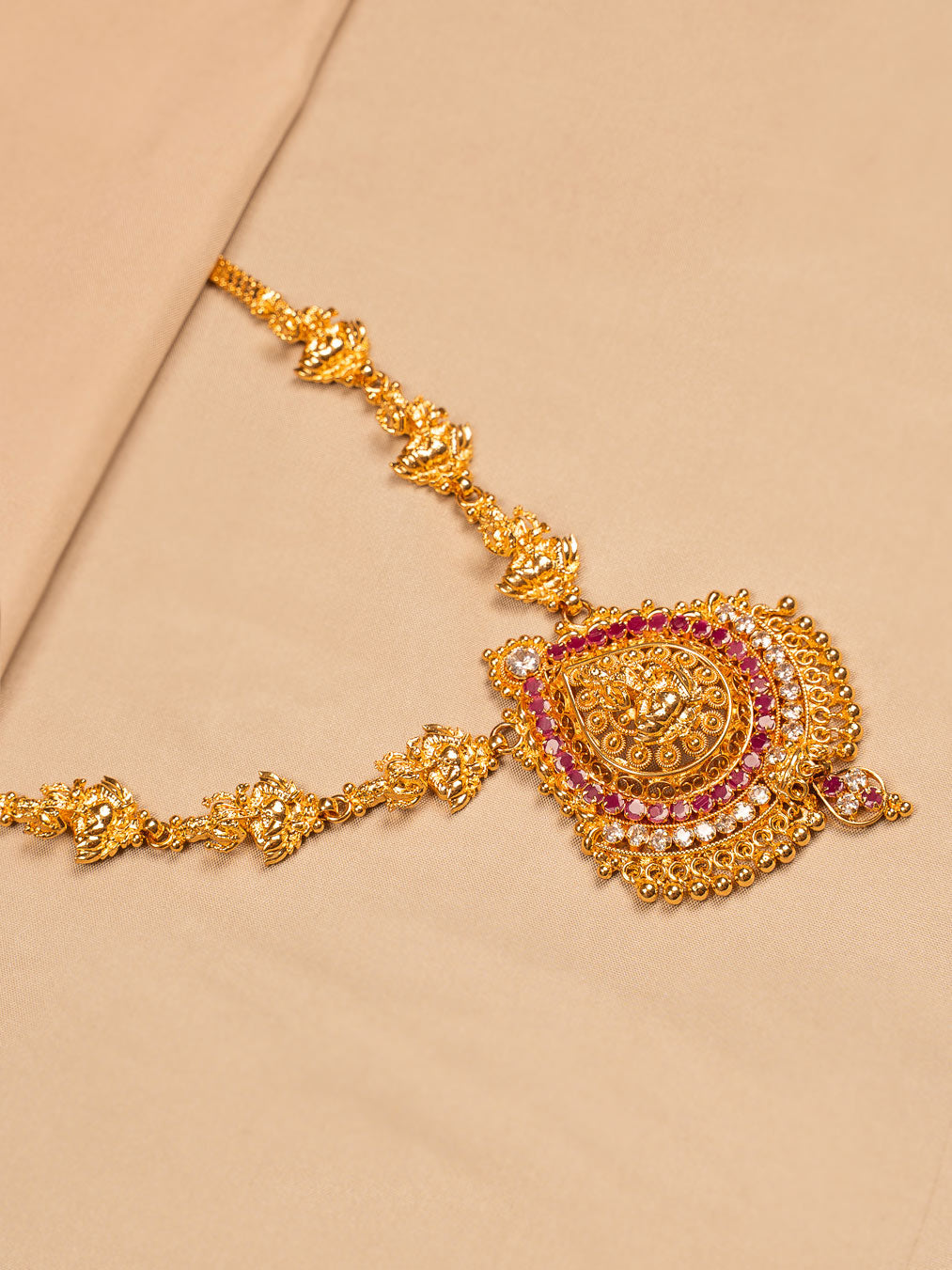 Goddess Lakshmi Temple Necklace with Ruby & CZ Detailing