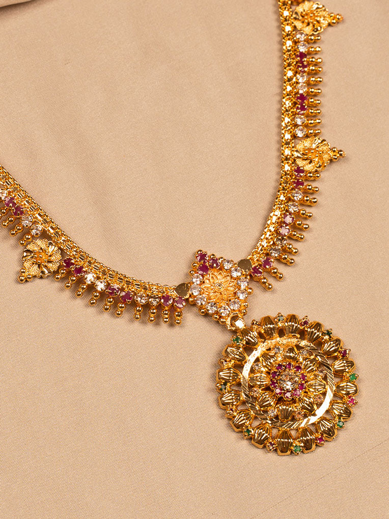 Heritage Gold Temple Necklace with Circular Floral Pendant