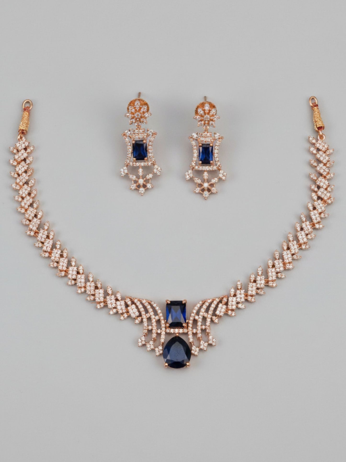 Royal Sapphire Blue Stone Necklace Set with Diamond Finish