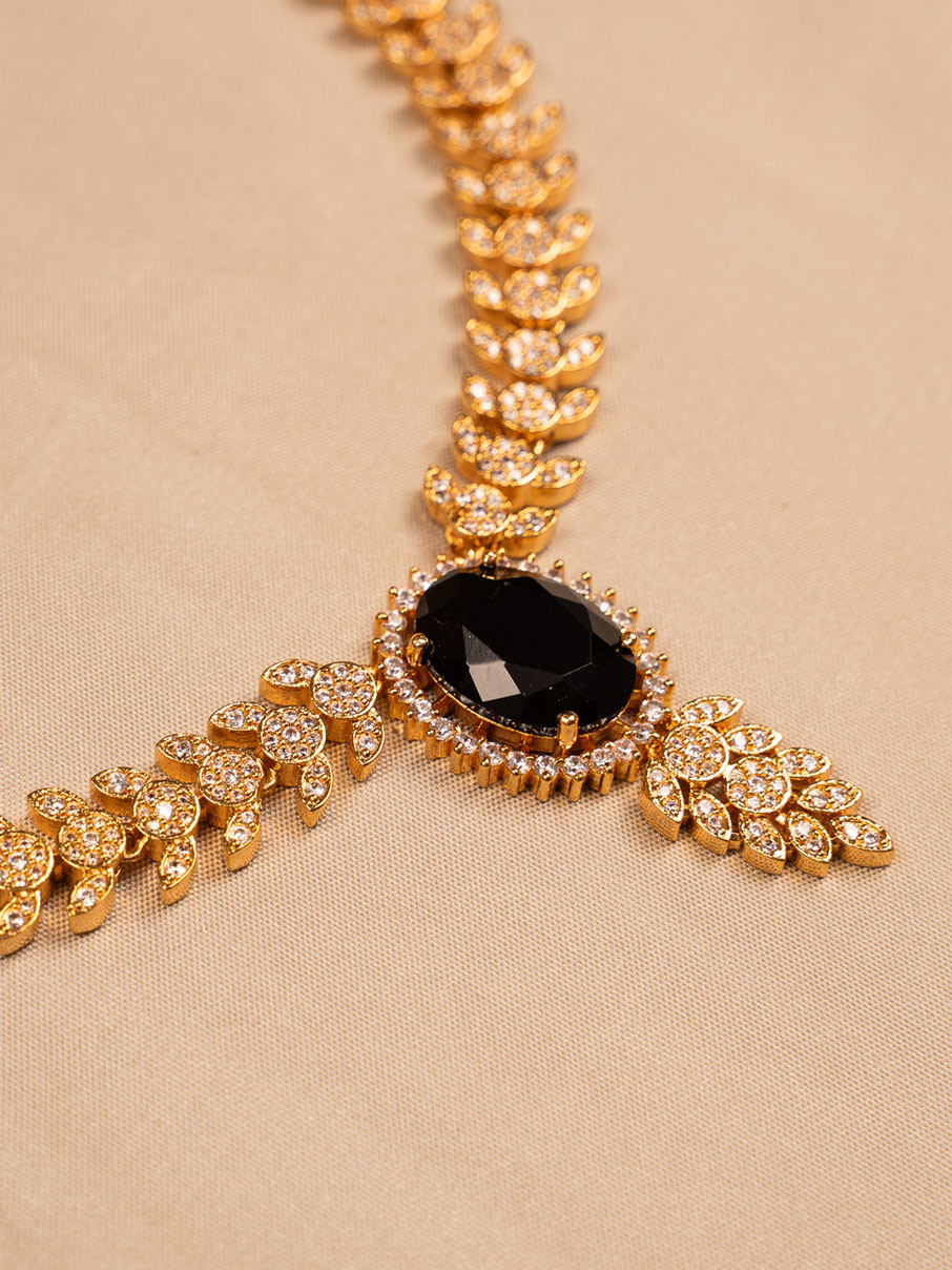 Black Stone & CZ Leaf Necklace Set with Matching Earrings