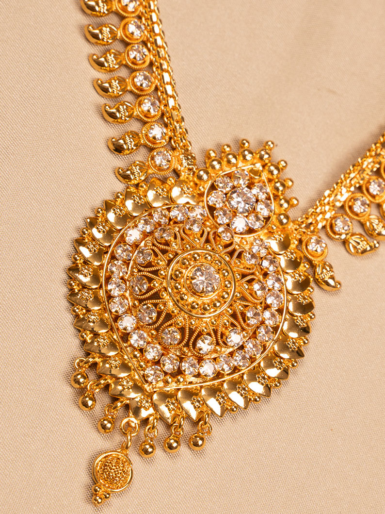 Traditional Gold-Toned Circular Pendant Necklace with CZ Detailing