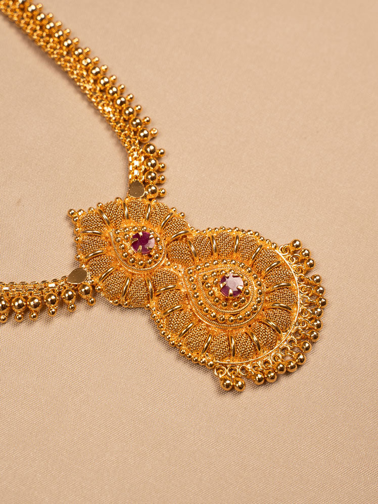 Dual Paisley Gold Pendant Necklace with Ruby Stone Accents