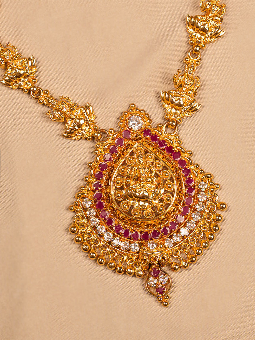Goddess Lakshmi Temple Necklace with Ruby & CZ Detailing