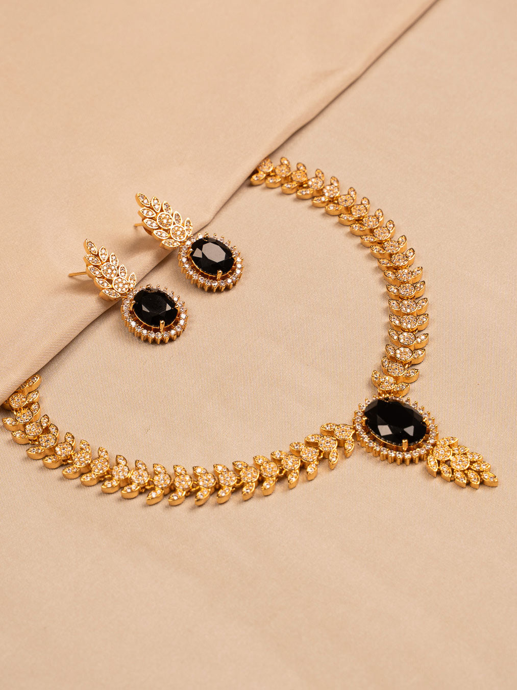 Black Stone & CZ Leaf Necklace Set with Matching Earrings
