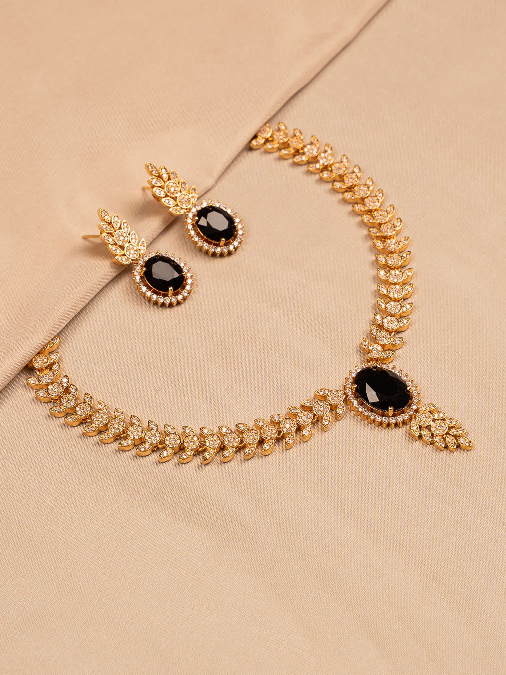 Black Stone & CZ Leaf Necklace Set with Matching Earrings