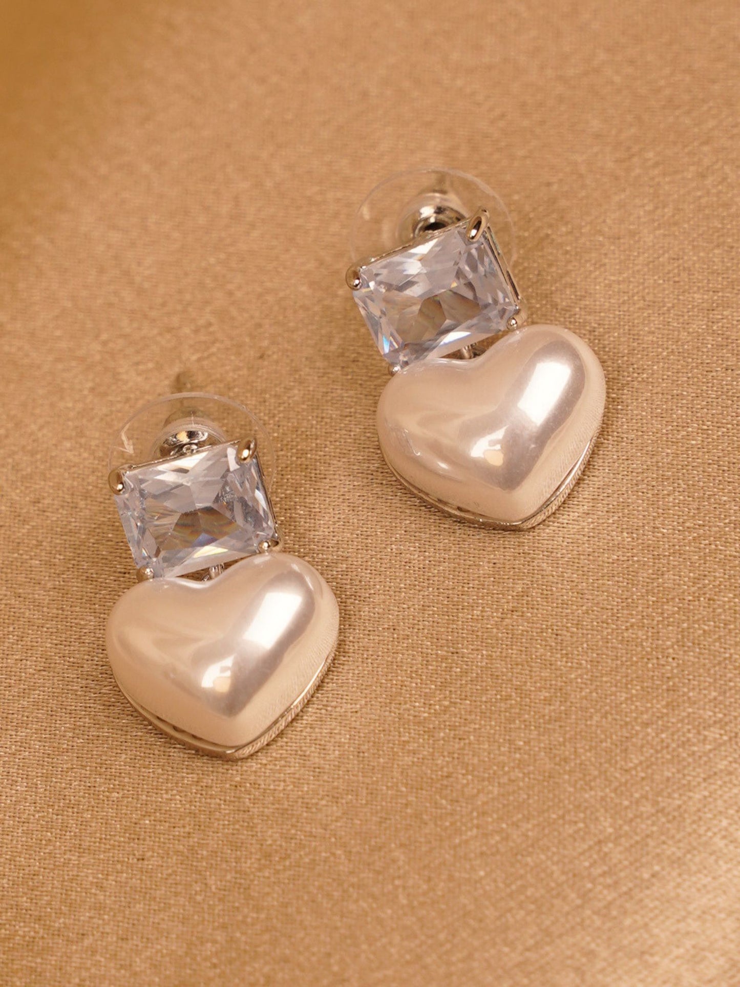 Crystal Heart Pearl Drop Earrings