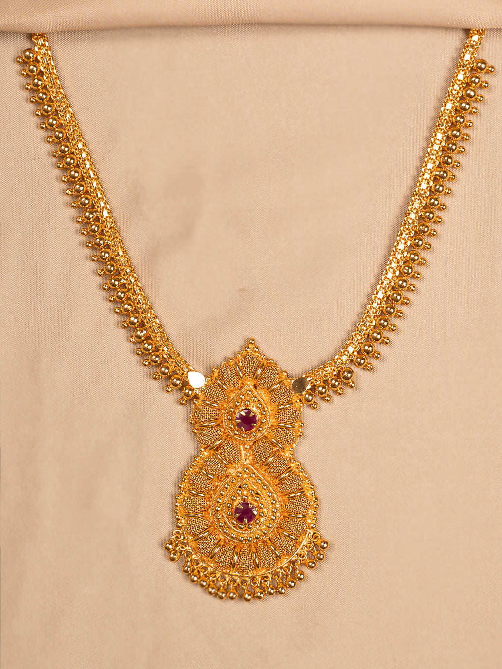 Dual Paisley Gold Pendant Necklace with Ruby Stone Accents