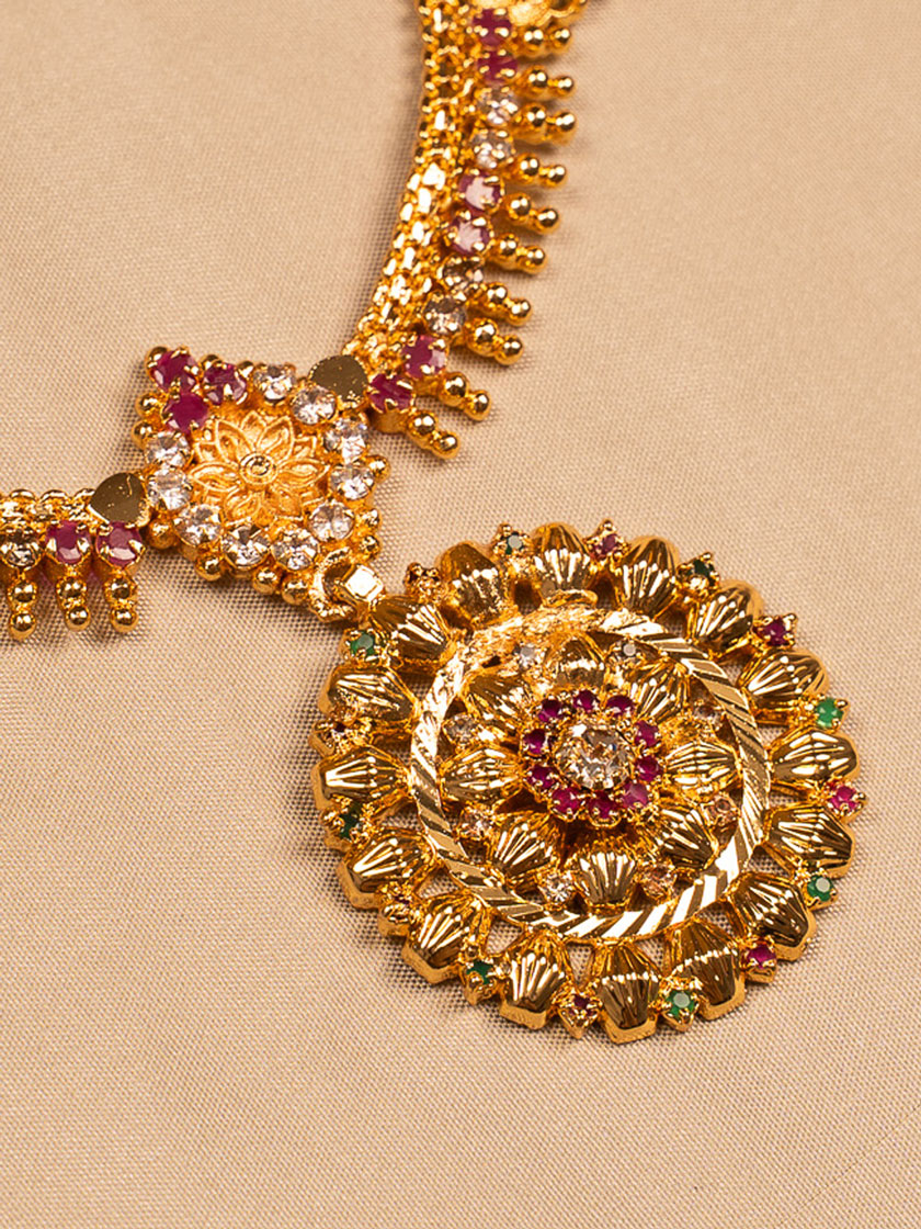 Heritage Gold Temple Necklace with Circular Floral Pendant