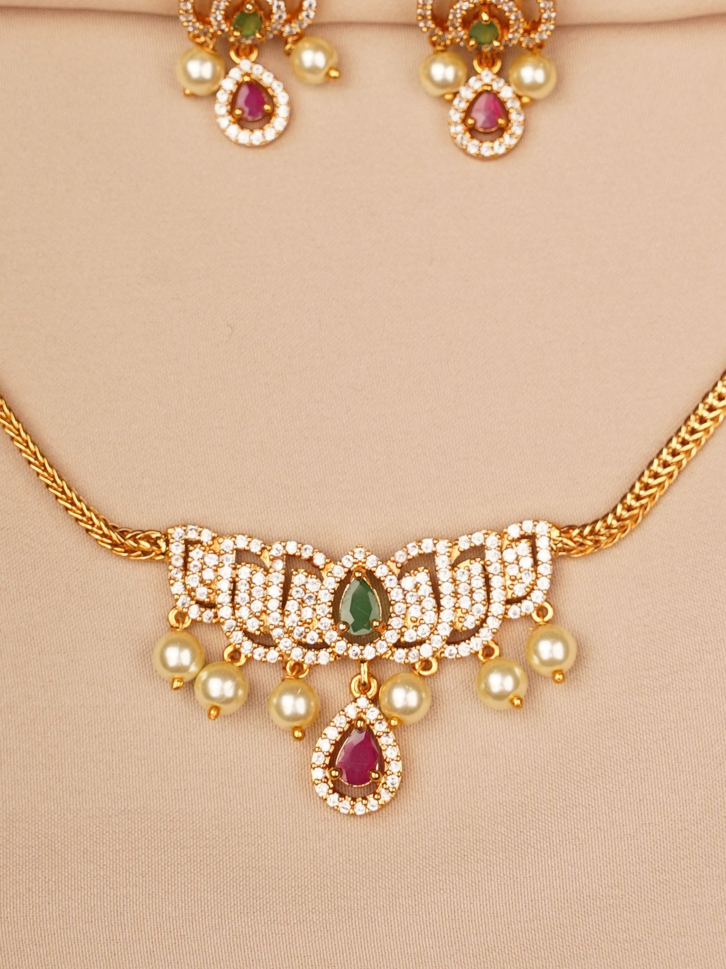 Emerald–Ruby Pearl Drop Necklace & Earrings Set