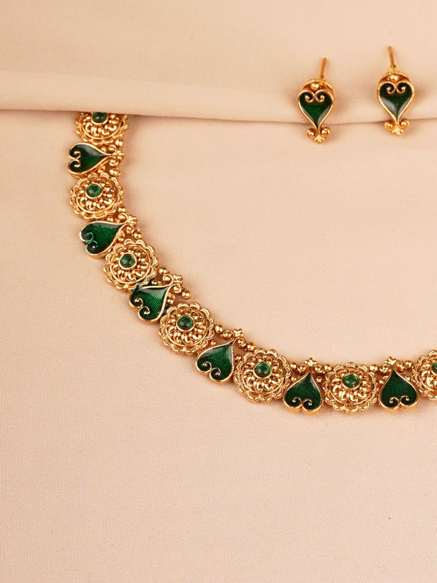 Emerald Green Enamel Temple Necklace Set