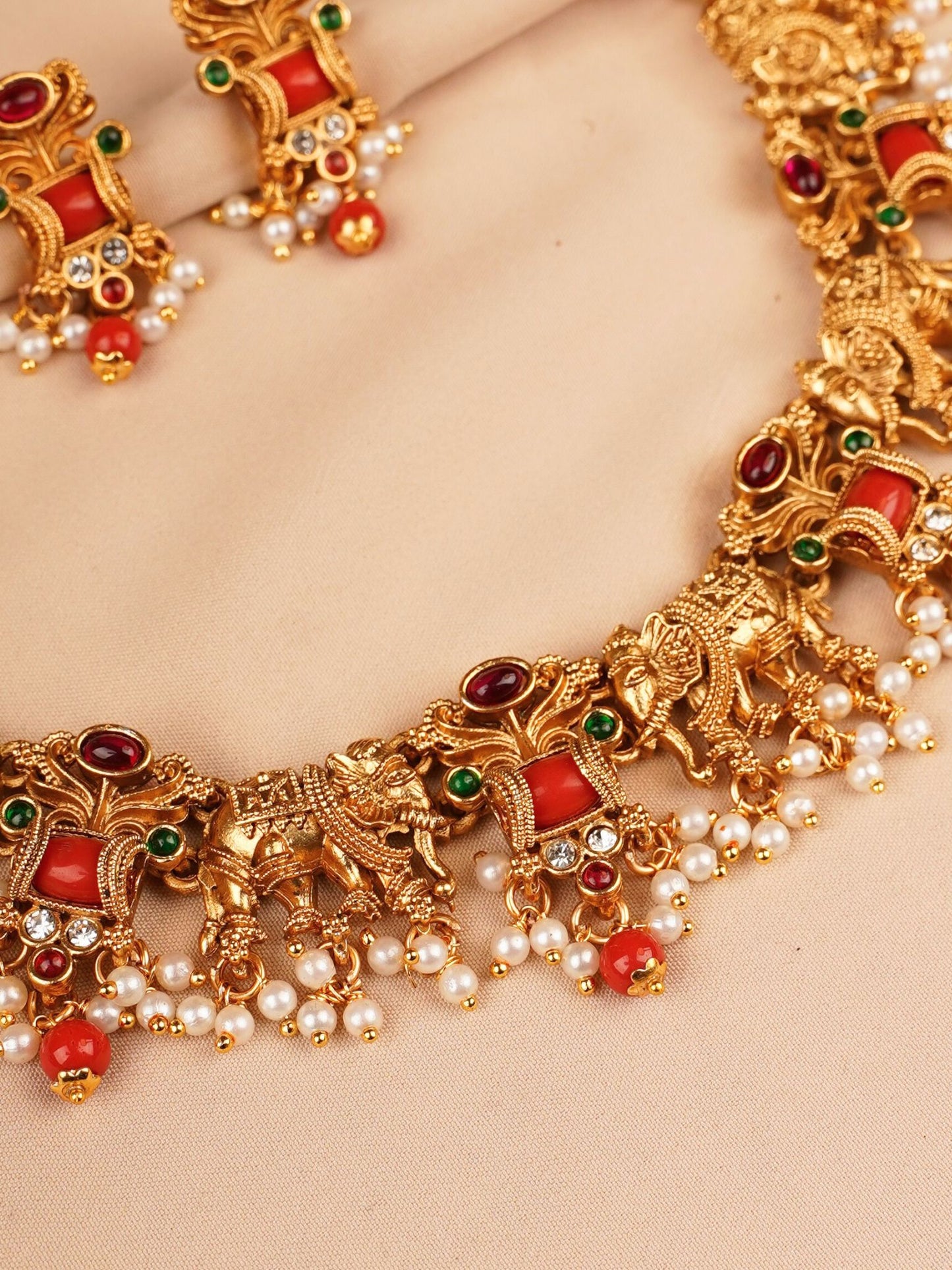 Ruby & Emerald Peacock Temple Necklace Set