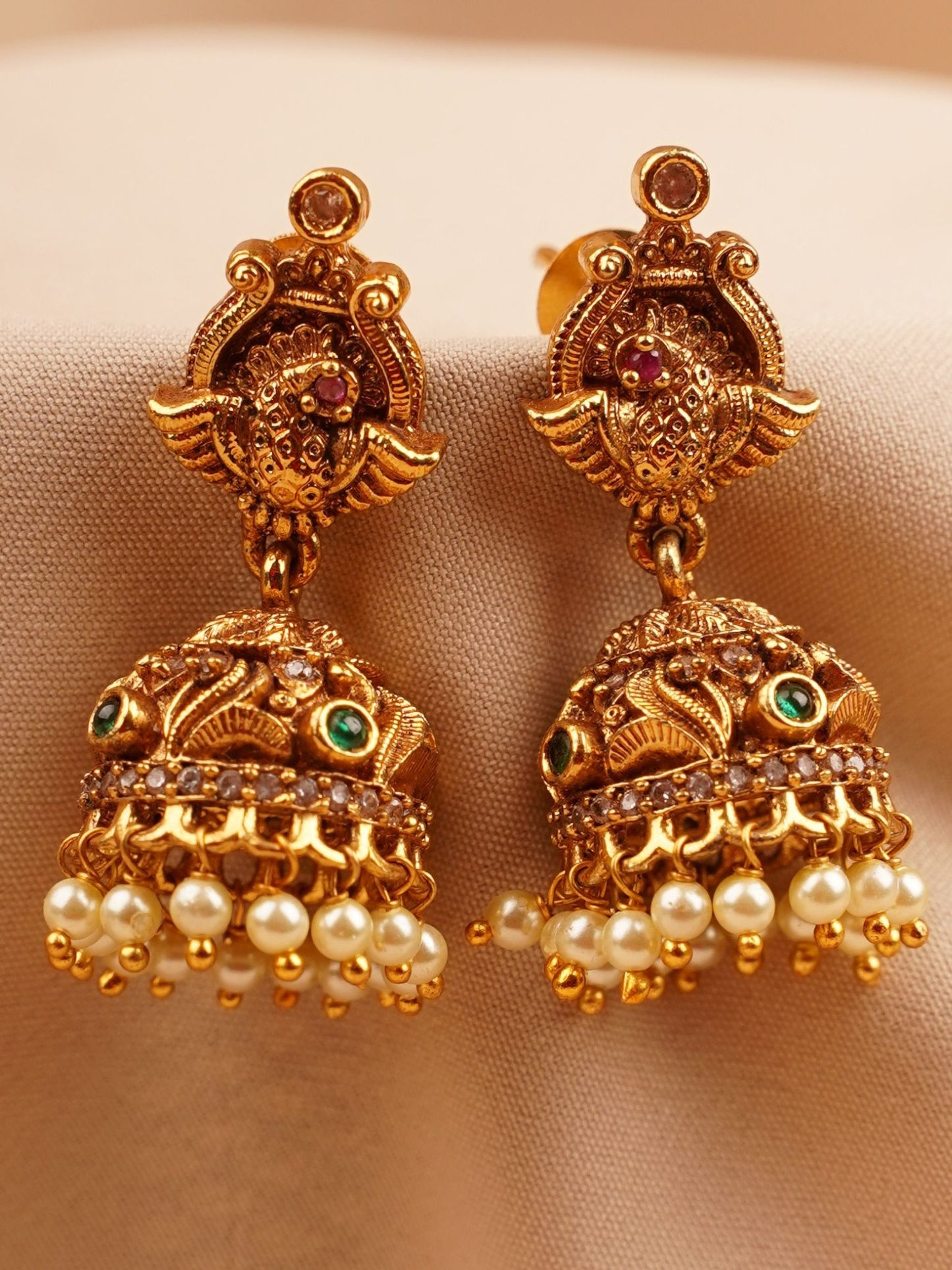 Peacock Temple Jhumka Earrings with Pearl Drops