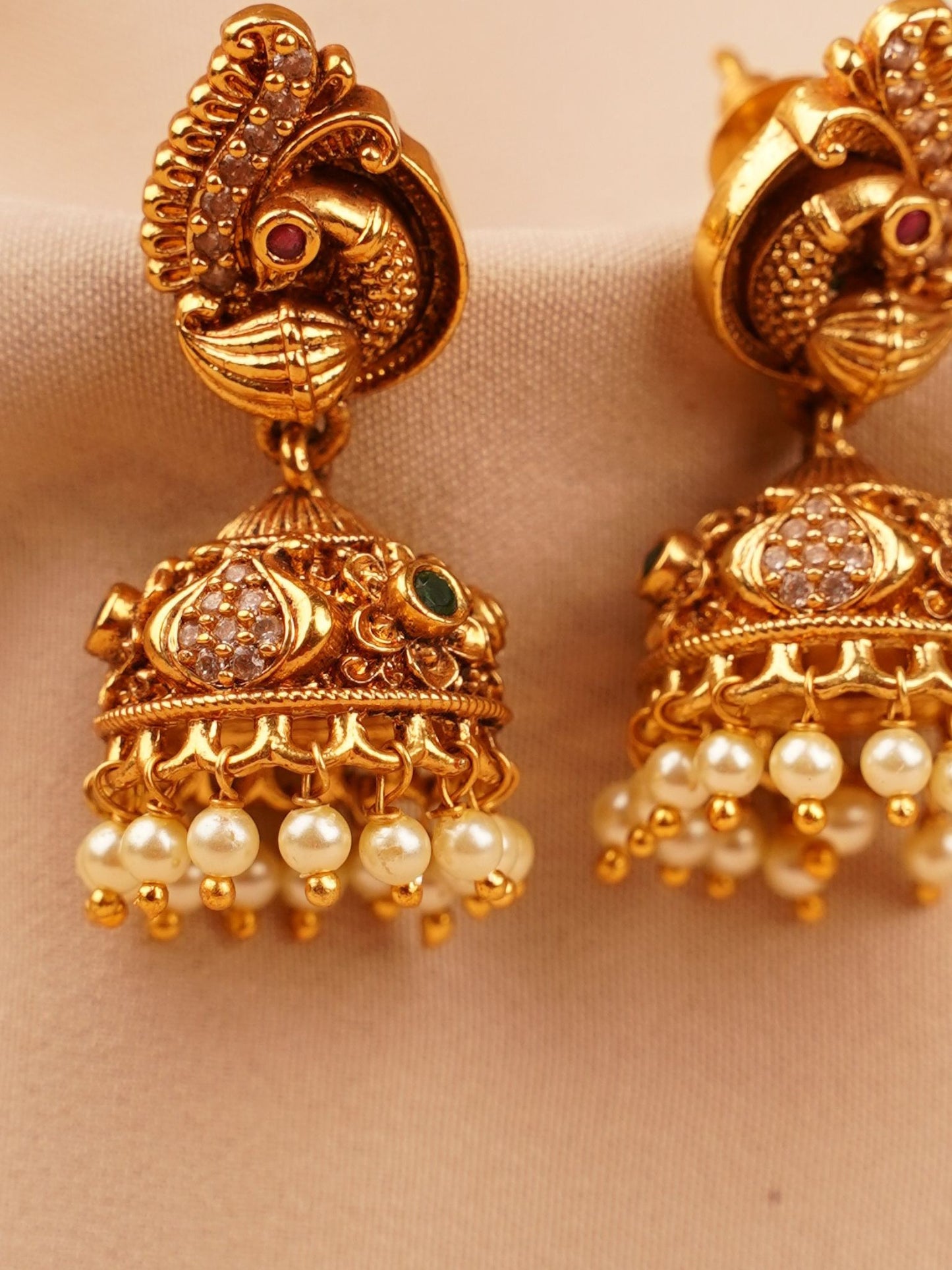 Peacock Temple Jhumka Earrings with Crystal Dome