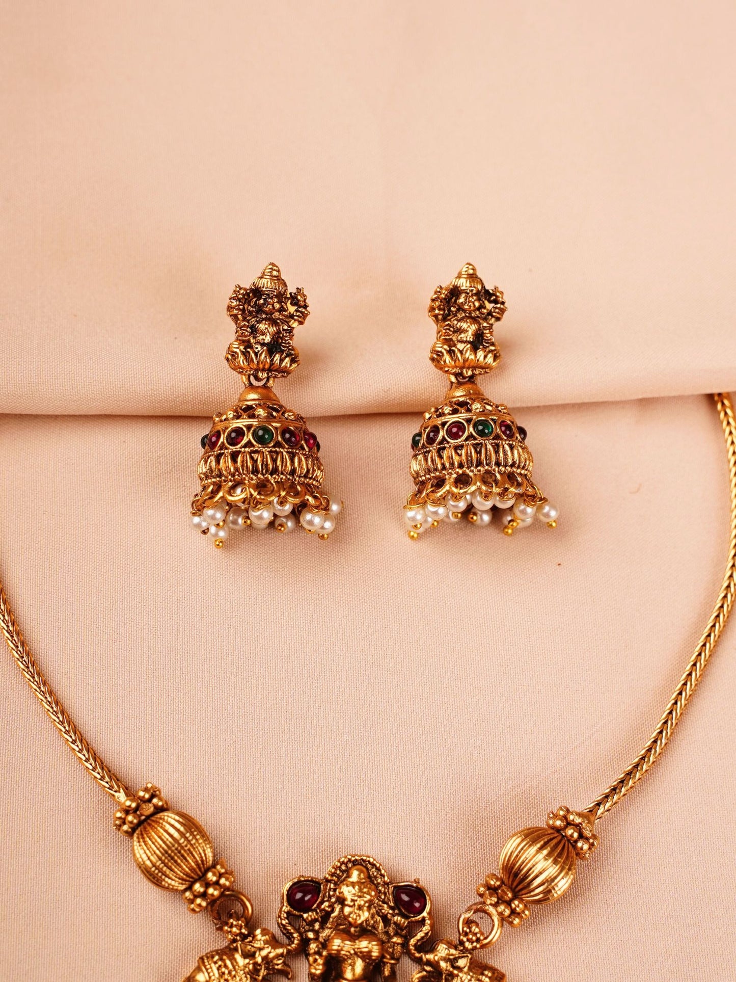 Lakshmi Temple Necklace Set with Ruby