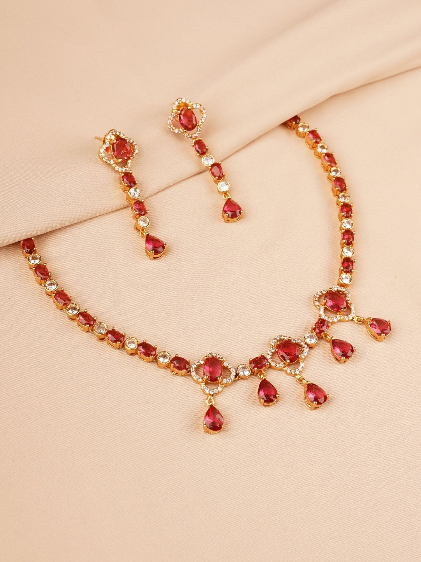 Ruby Red Crystal Drop Necklace Set