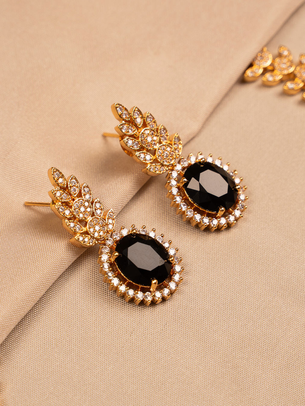 Black Stone & CZ Leaf Necklace Set with Matching Earrings