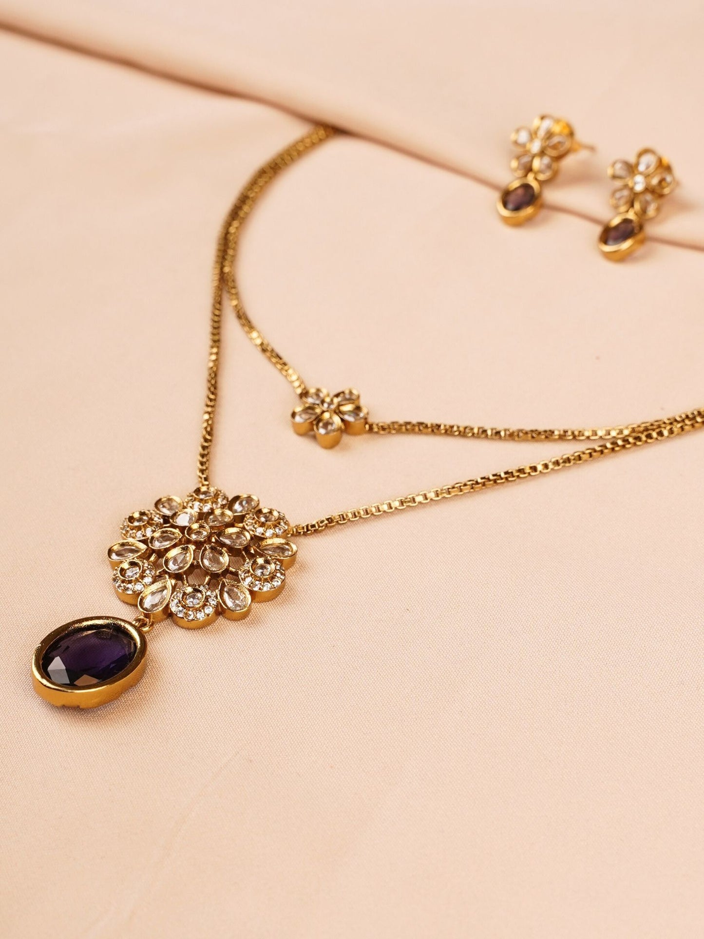 Dual Layer Floral Necklace Set with Purple Drop