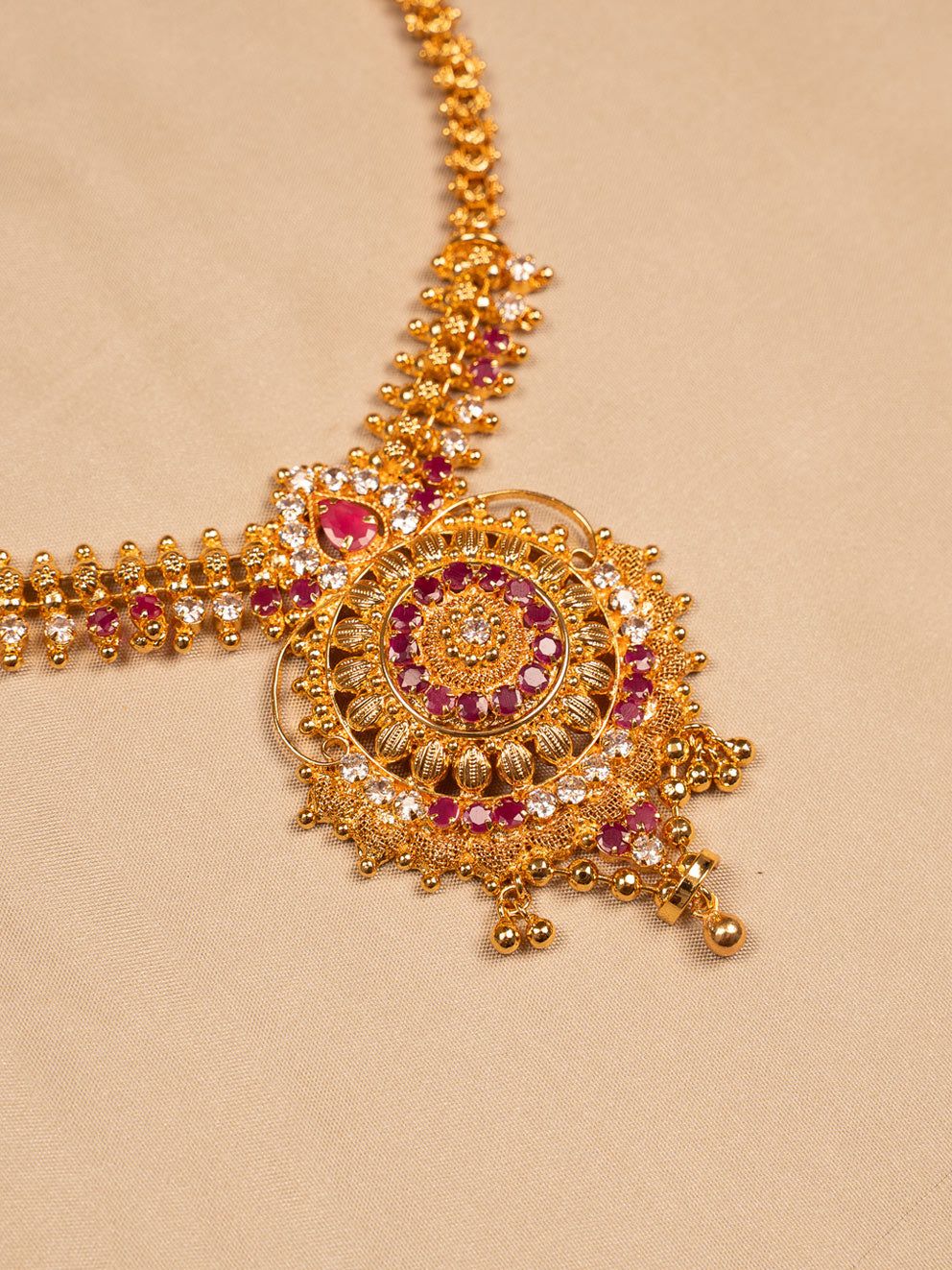 Royal Ruby-Studded Traditional Gold Necklace with Intricate Pendant