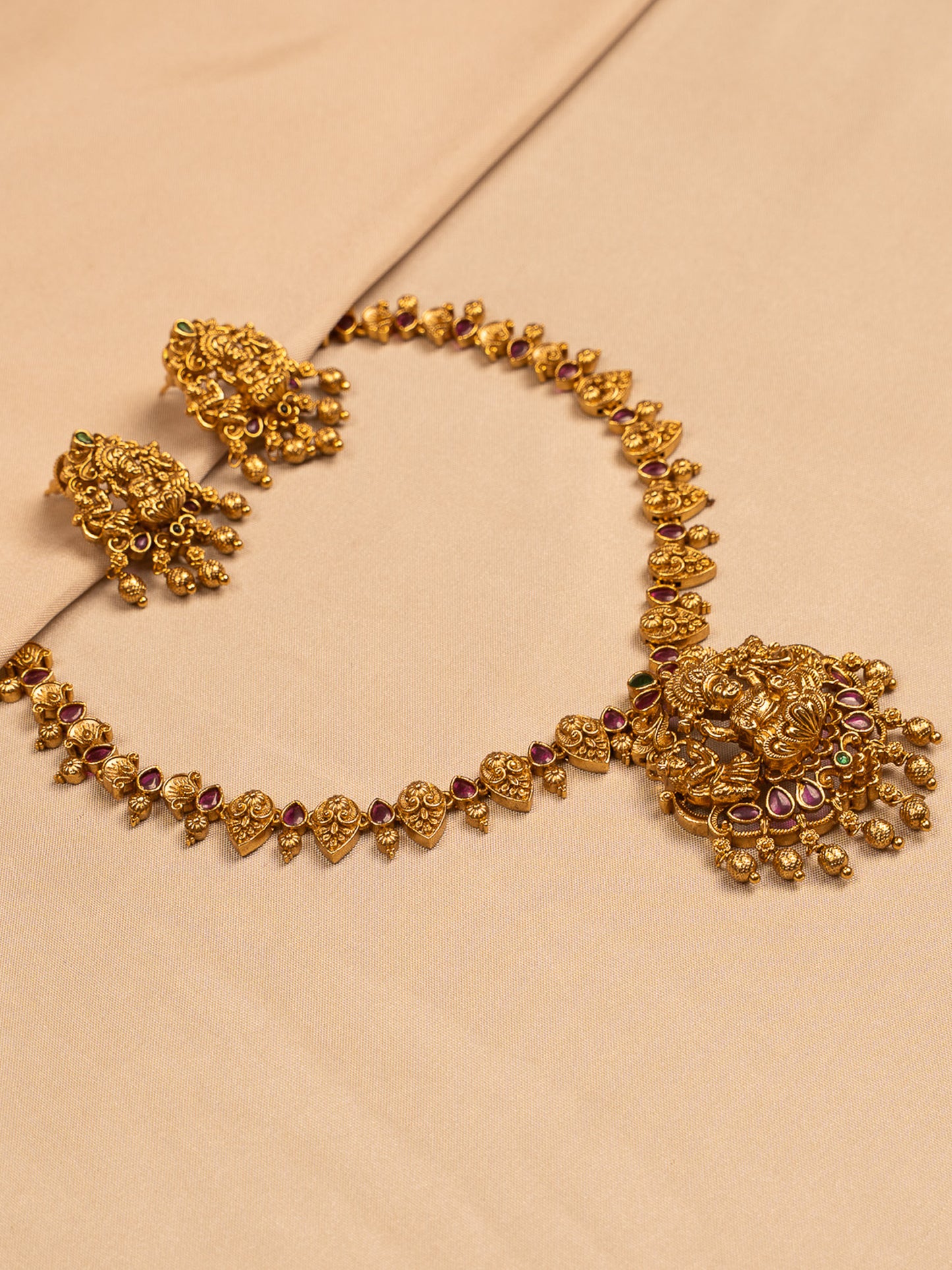 Traditional Lakshmi Temple Necklace Set with Ruby Stones and Earrings KC799