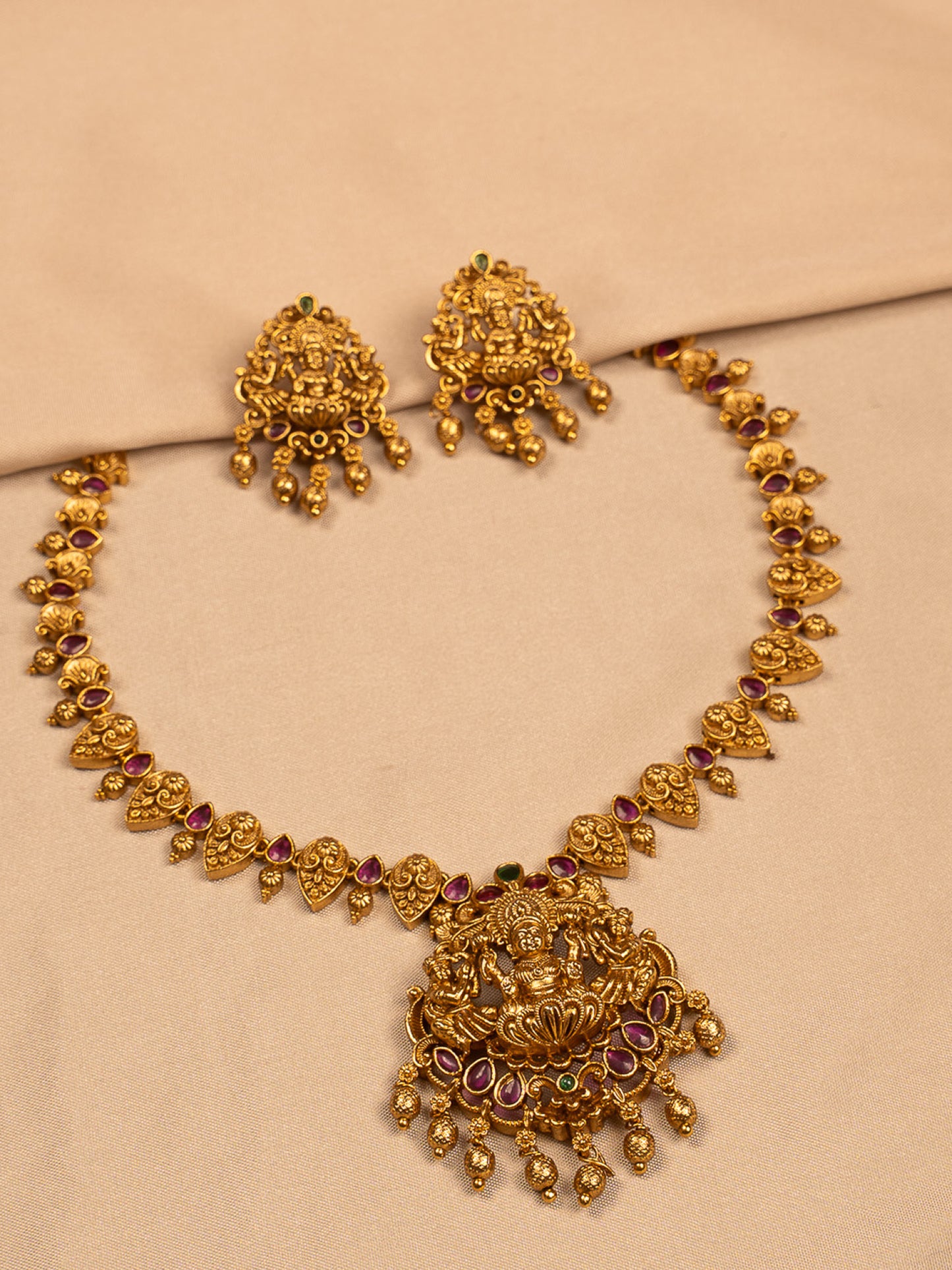 Traditional Lakshmi Temple Necklace Set with Ruby Stones and Earrings KC799