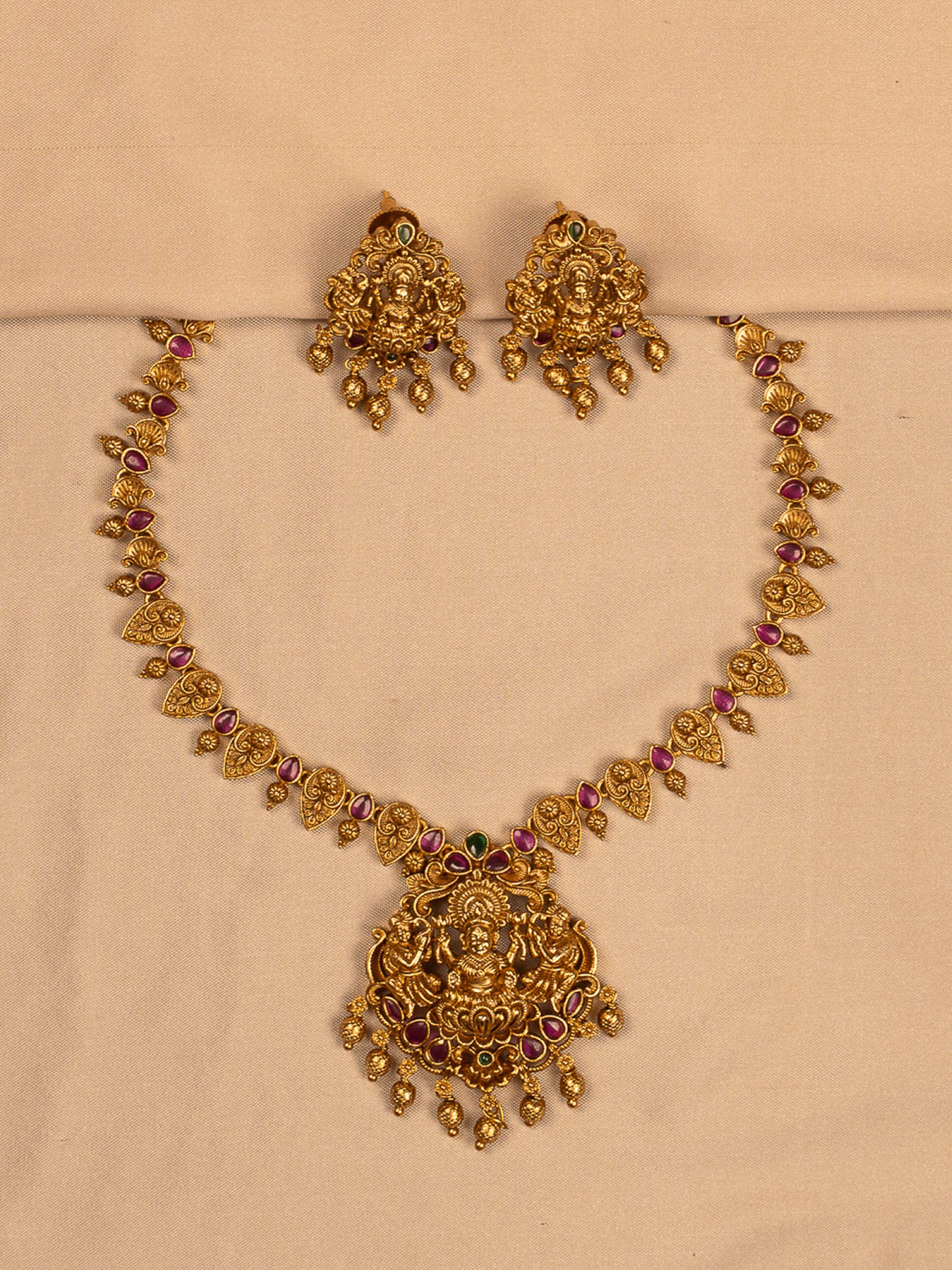 Traditional Lakshmi Temple Necklace Set with Ruby Stones and Earrings KC799
