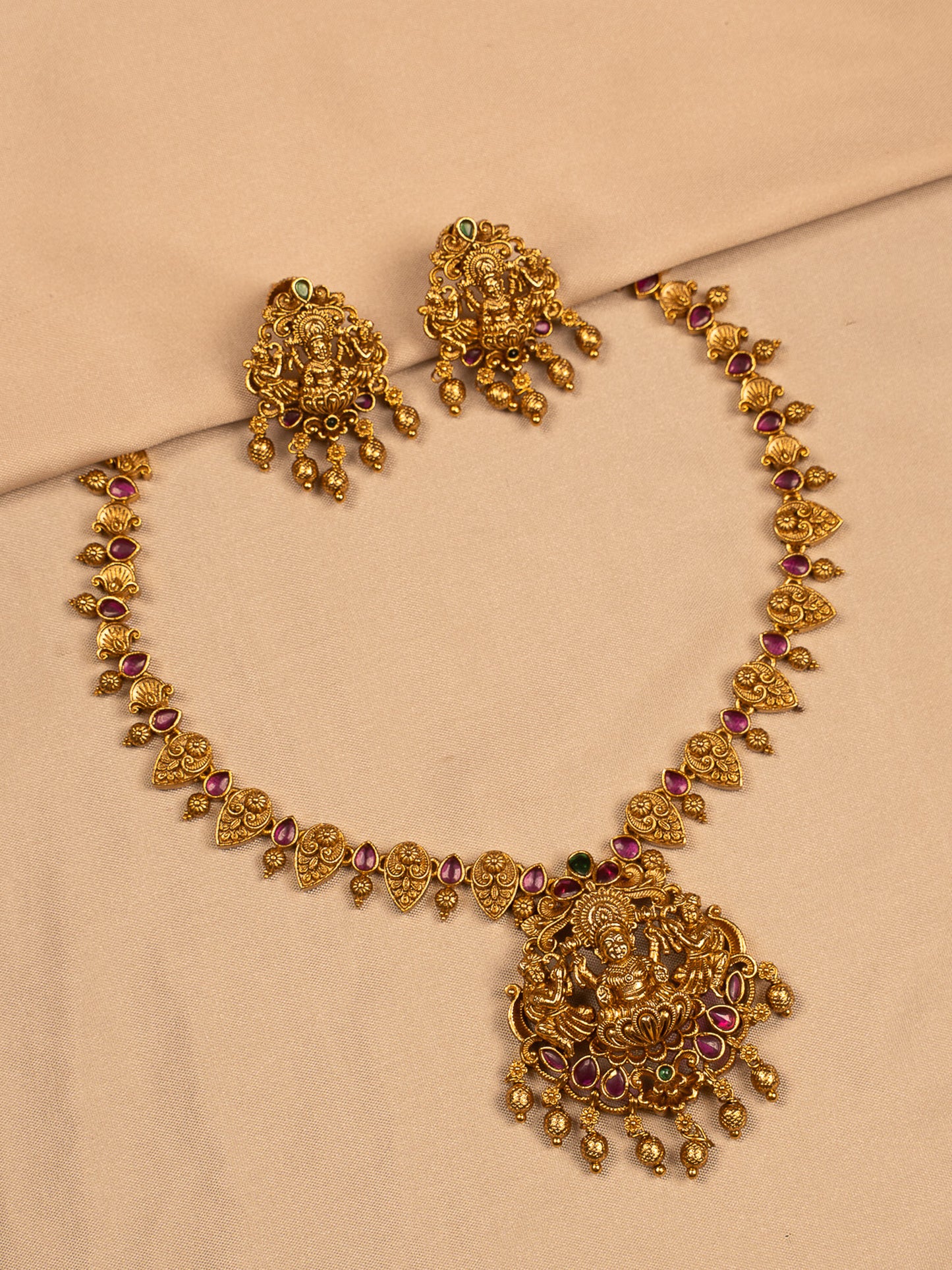 Traditional Lakshmi Temple Necklace Set with Ruby Stones and Earrings KC799