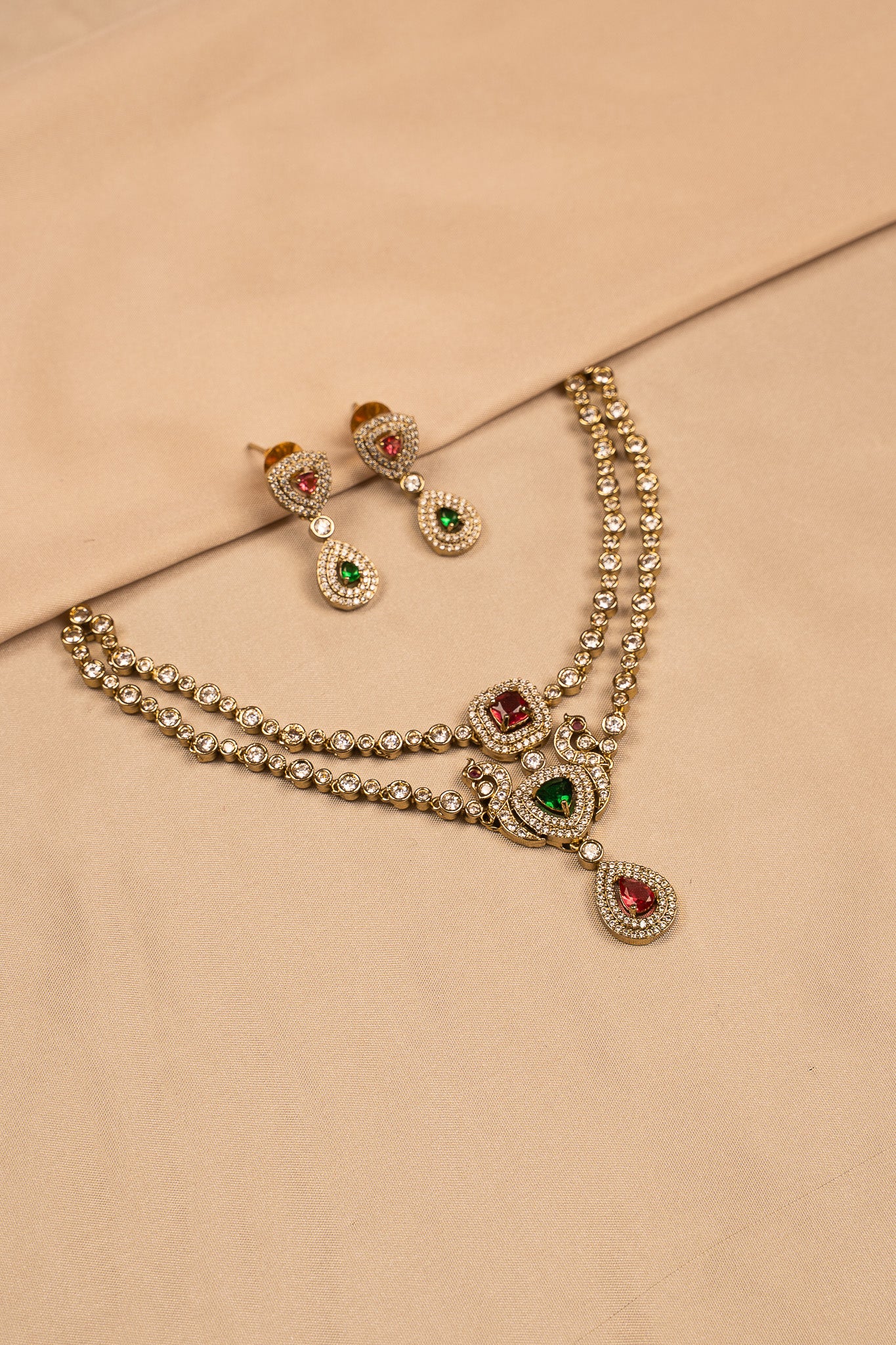 Regal Peacock Motif Stone-Studded Necklace Set with Earrings