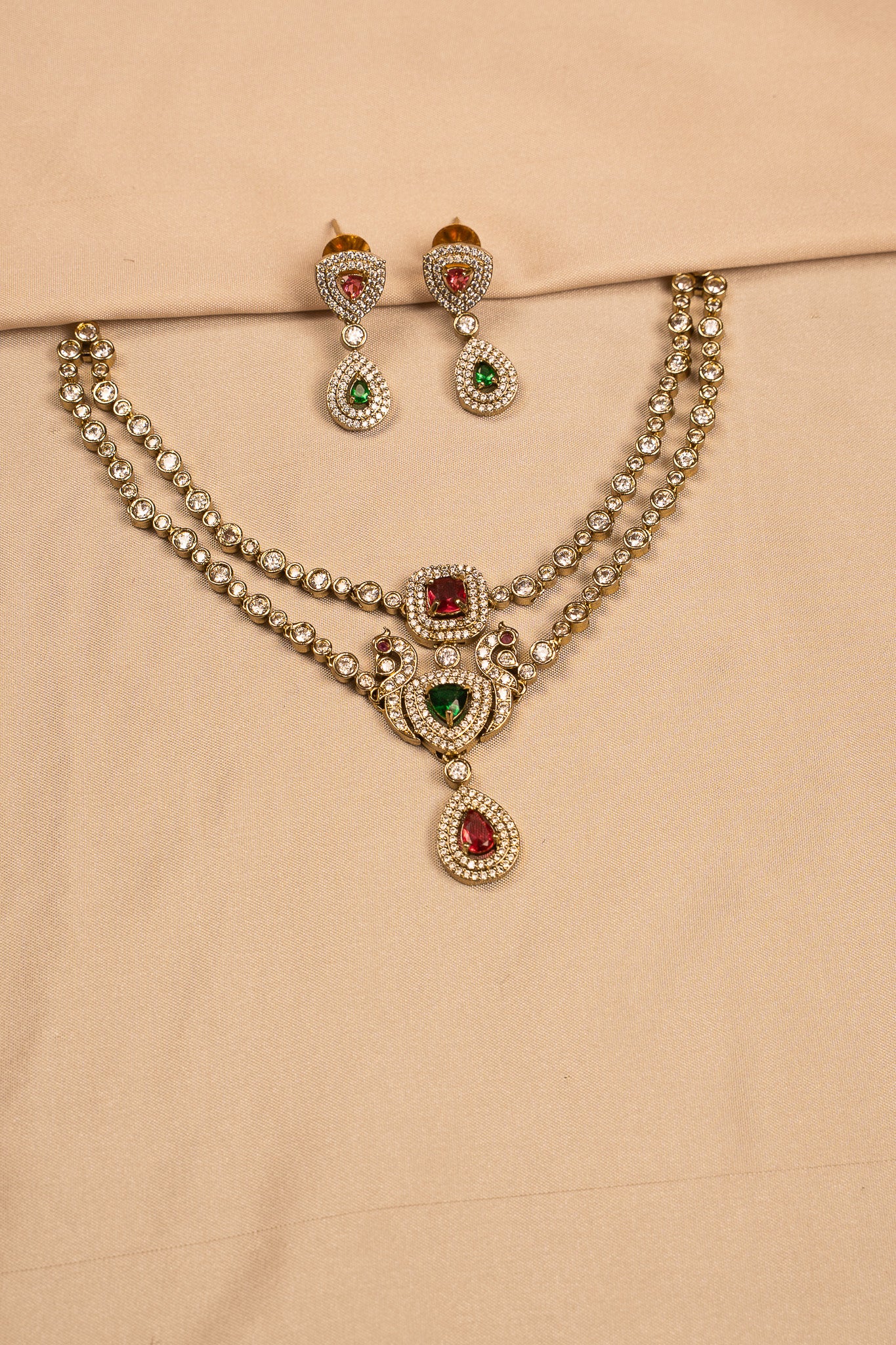 Regal Peacock Motif Stone-Studded Necklace Set with Earrings