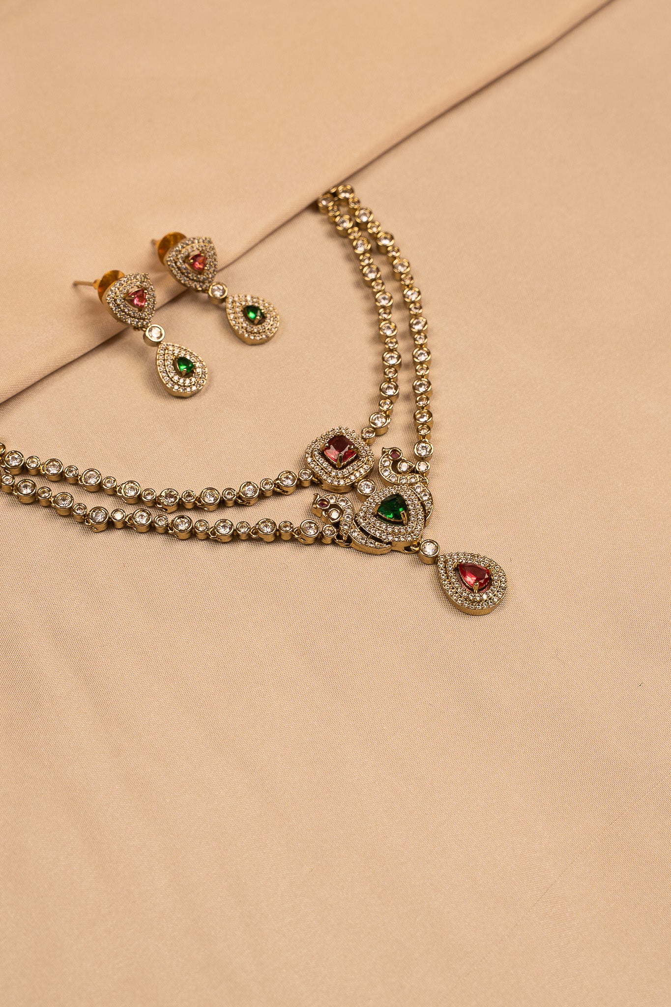 Regal Peacock Motif Stone-Studded Necklace Set with Earrings