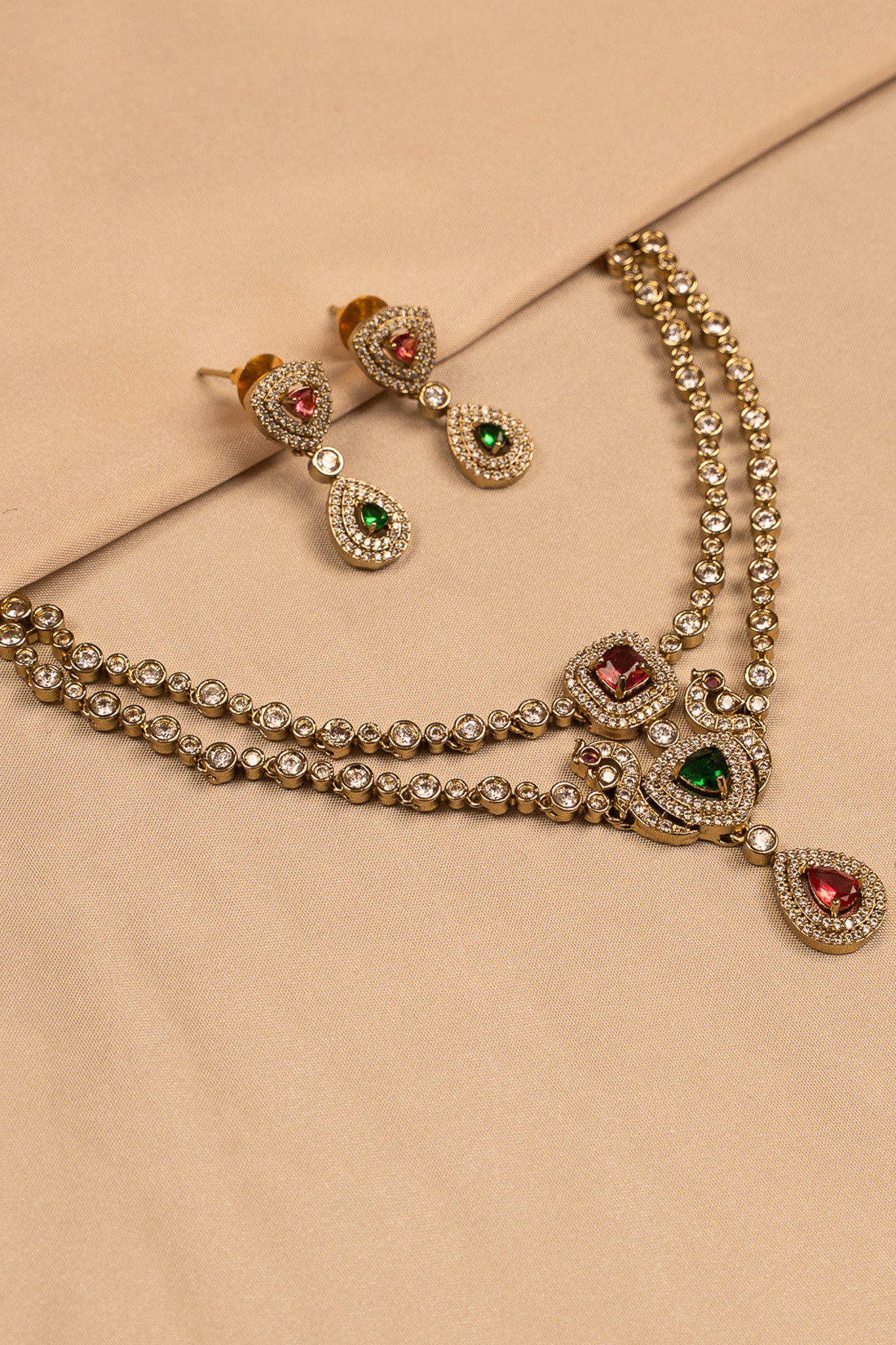 Regal Peacock Motif Stone-Studded Necklace Set with Earrings