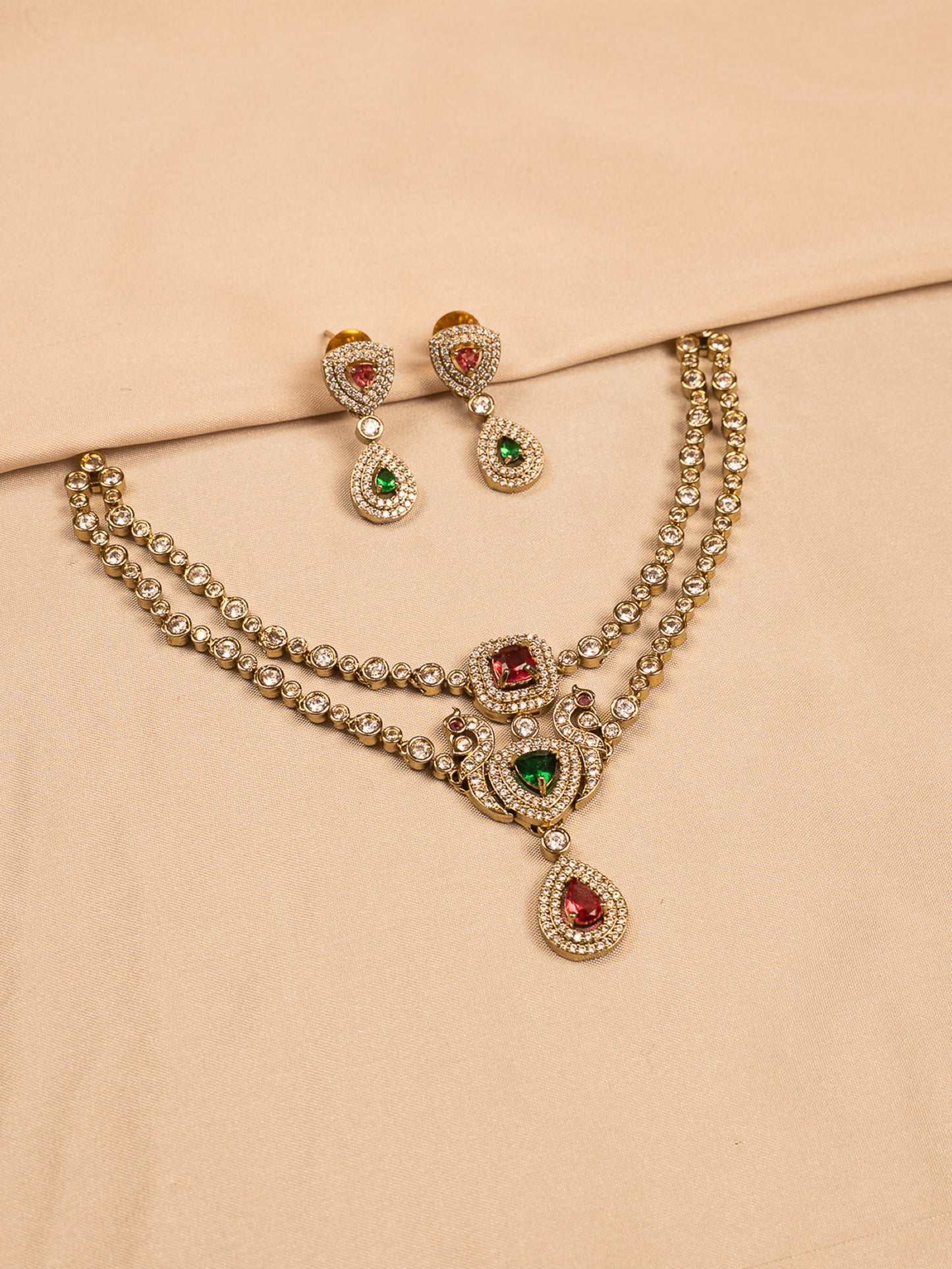 Regal Peacock Motif Stone-Studded Necklace Set with Earrings