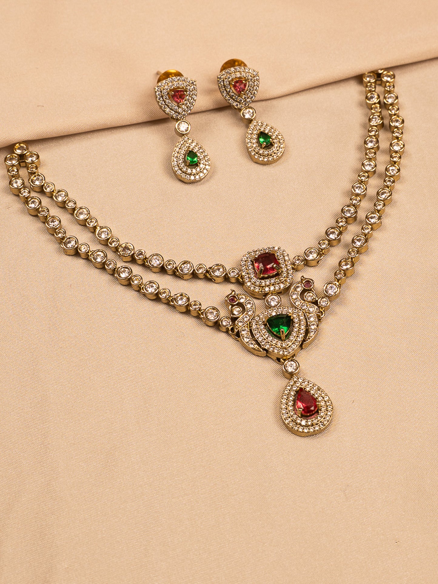 Regal Peacock Motif Stone-Studded Necklace Set with Earrings