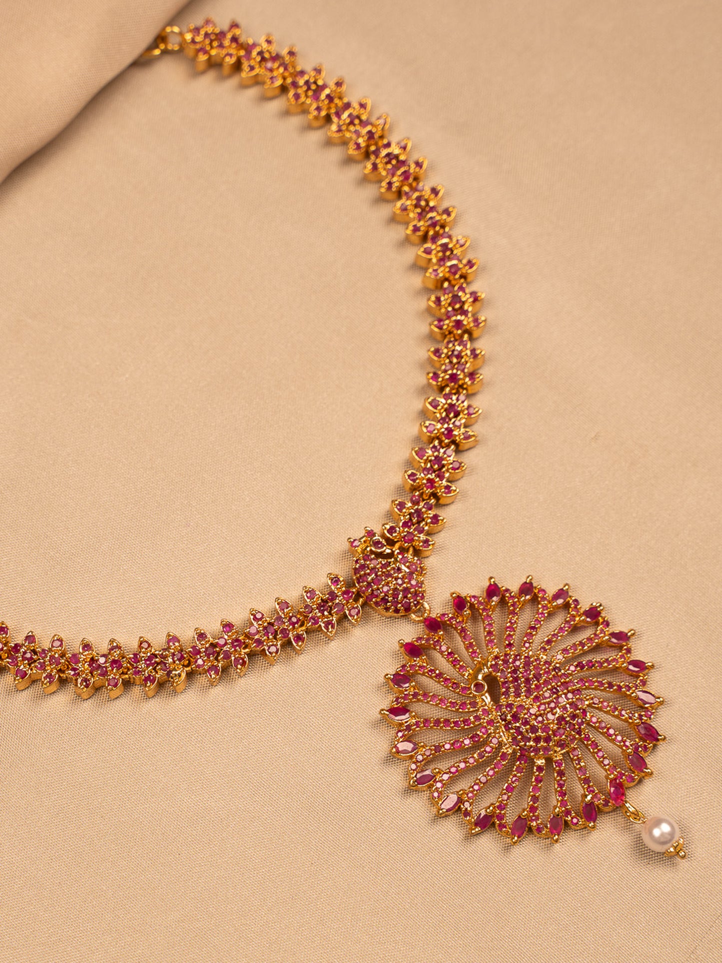 Antique Ruby Floral Pendant Necklace with Pearl Drop