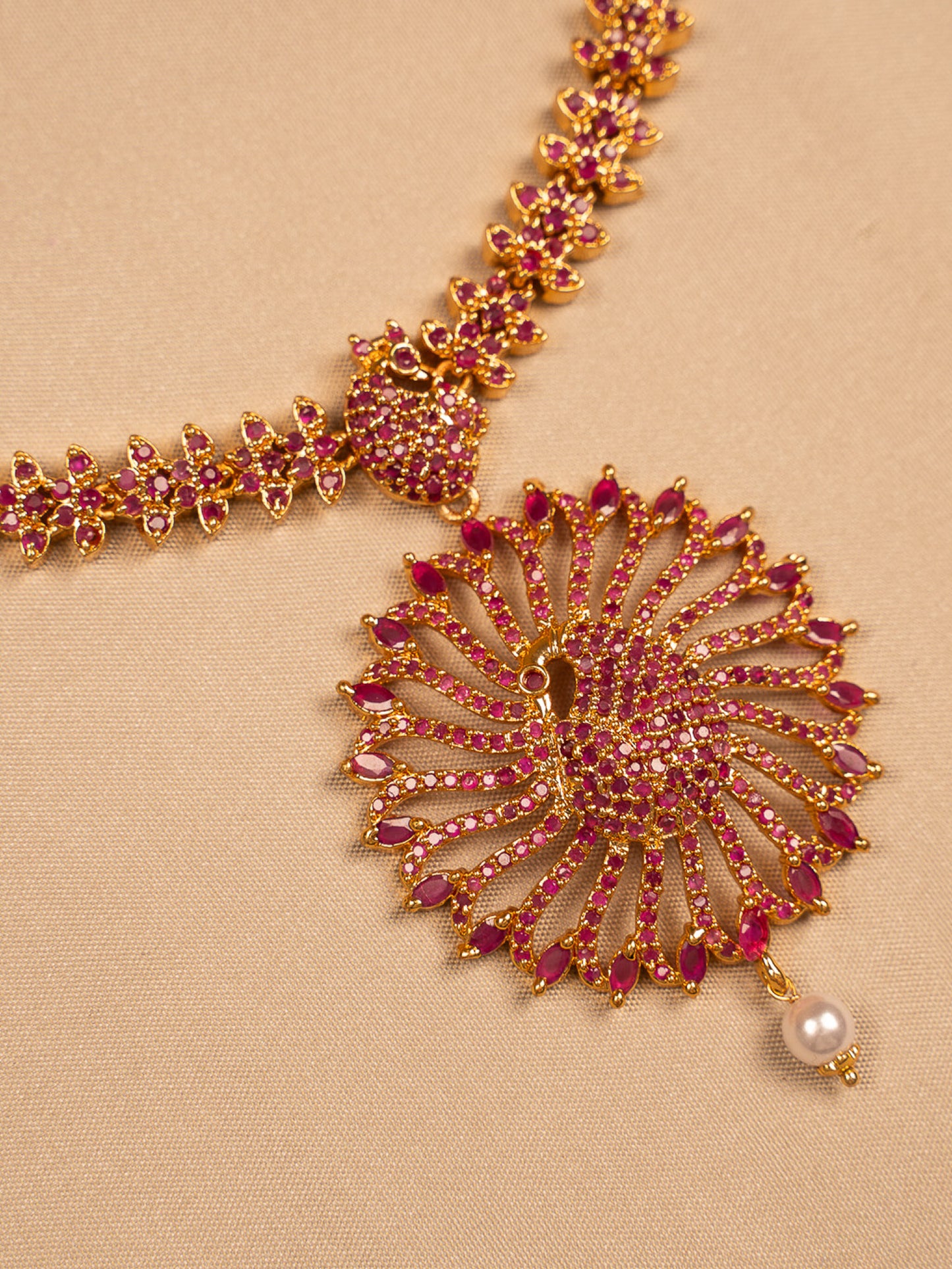 Antique Ruby Floral Pendant Necklace with Pearl Drop