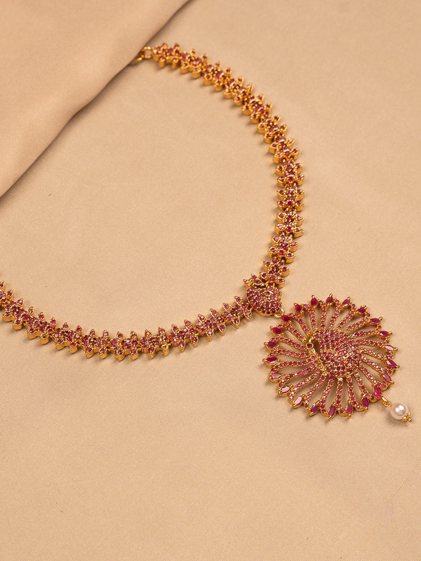 Antique Ruby Floral Pendant Necklace with Pearl Drop