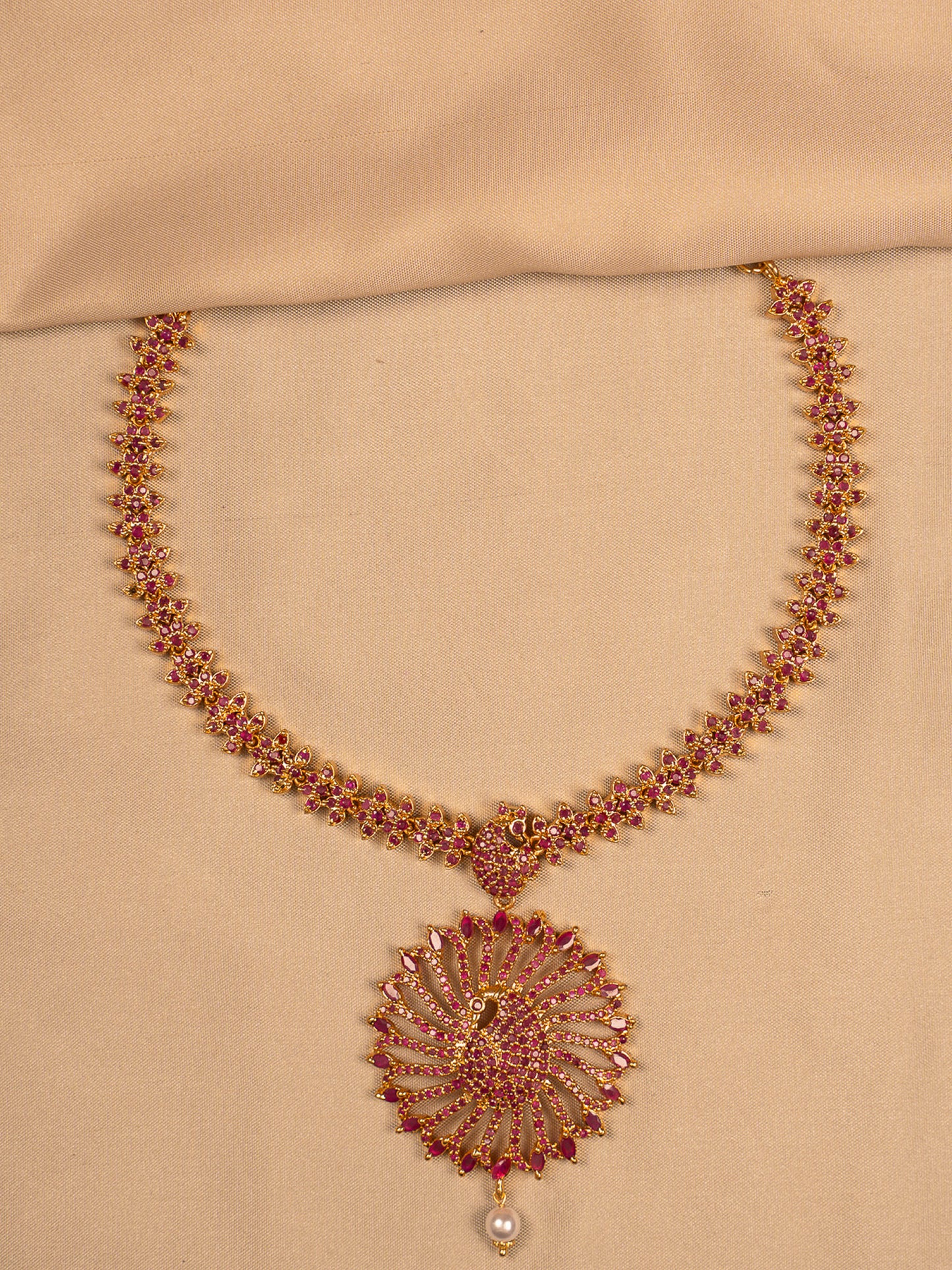Antique Ruby Floral Pendant Necklace with Pearl Drop