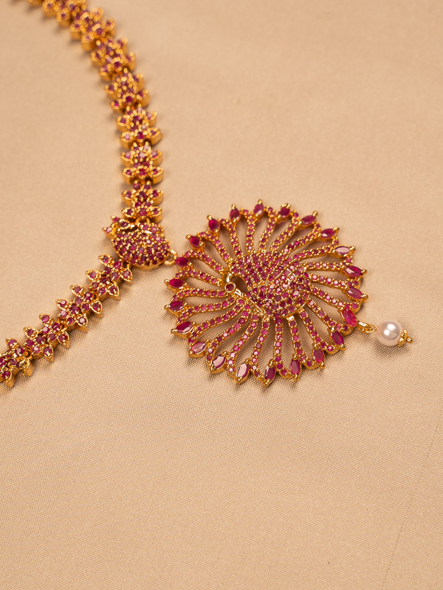 Antique Ruby Floral Pendant Necklace with Pearl Drop