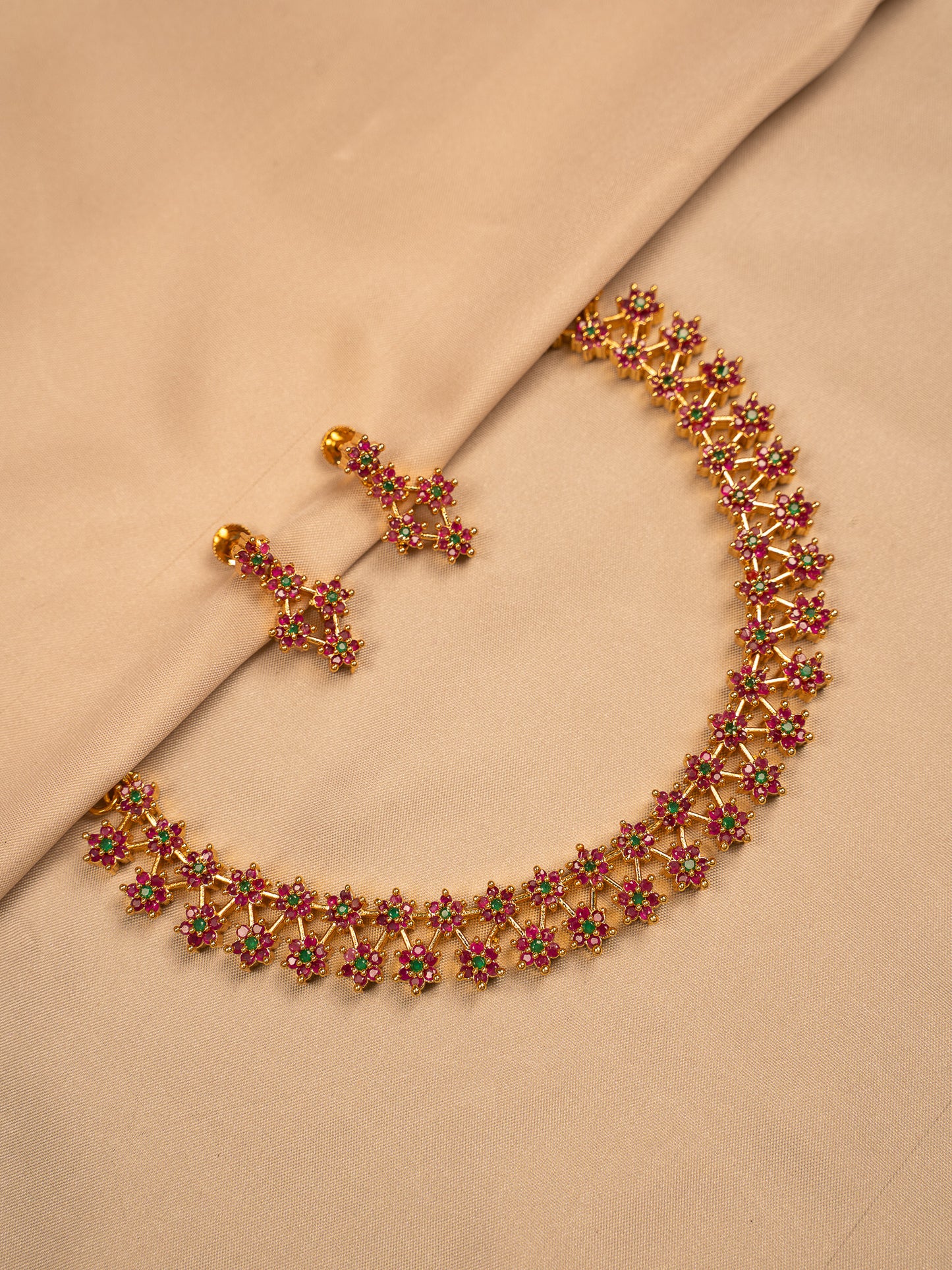 Traditional Ruby & Emerald Floral Necklace Set