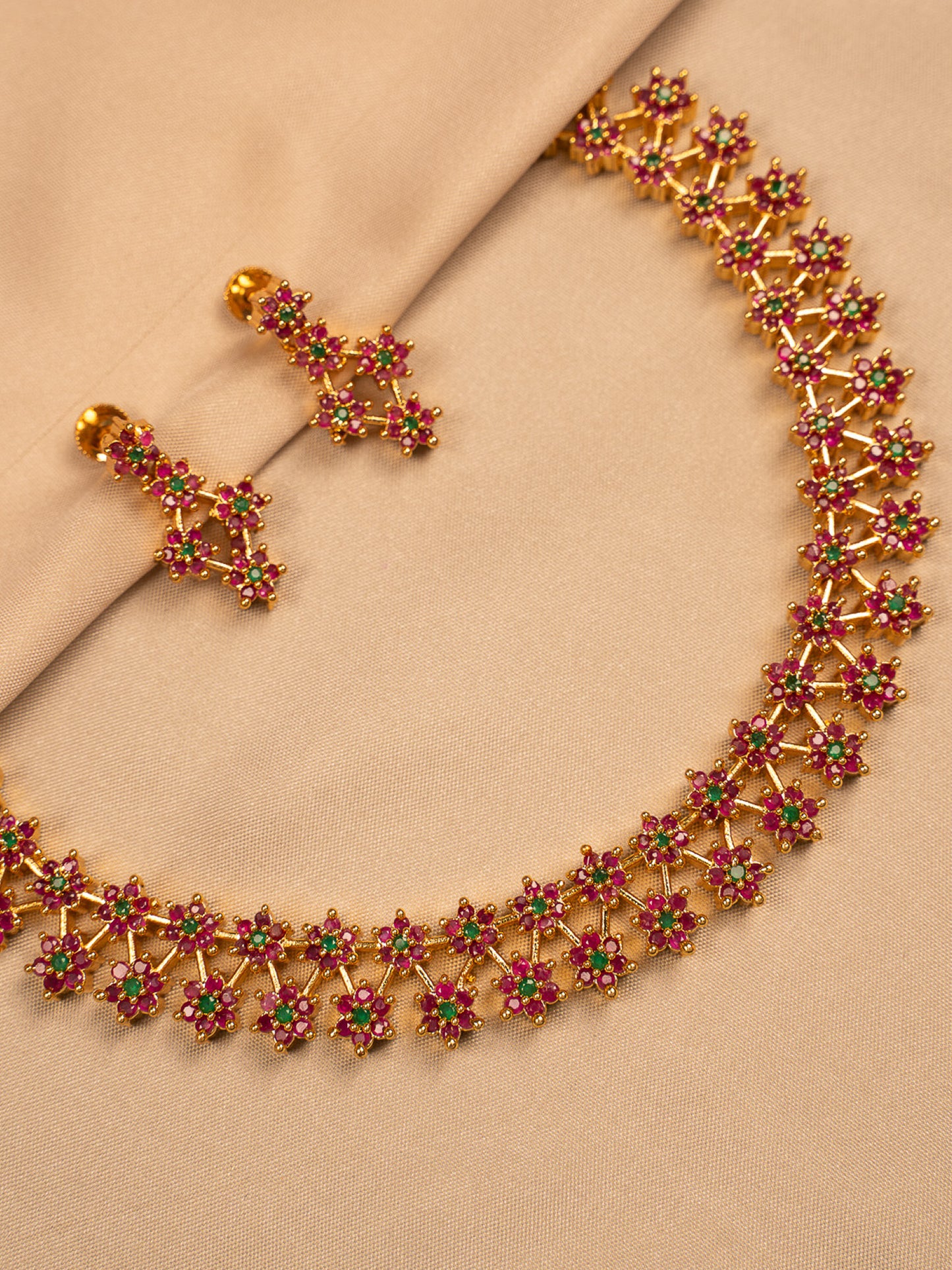 Traditional Ruby & Emerald Floral Necklace Set