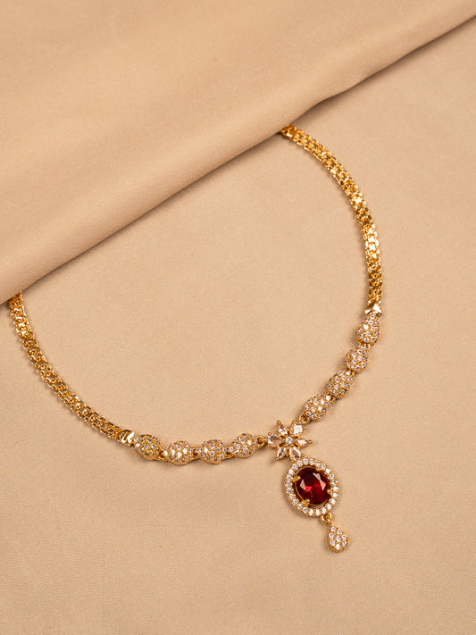 Elegant Gold Necklace with Red Stone Pendant & White CZ Detailing