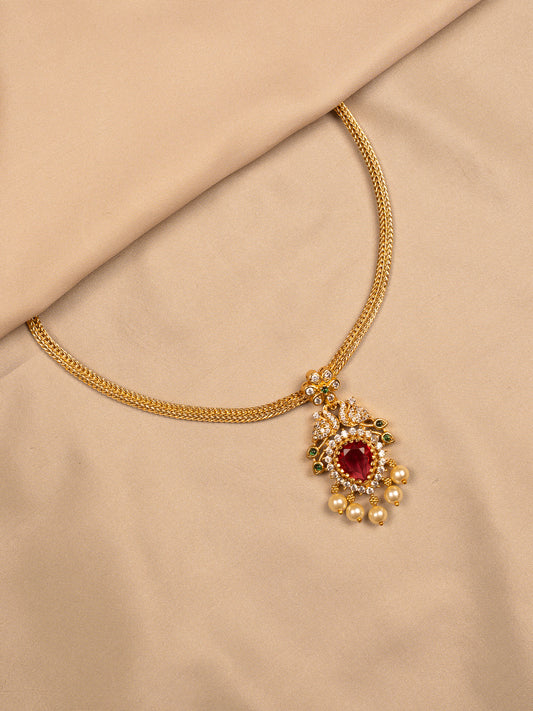 Peacock Ruby Pendant Necklace with Pearl Drops – Antique Gold Finish