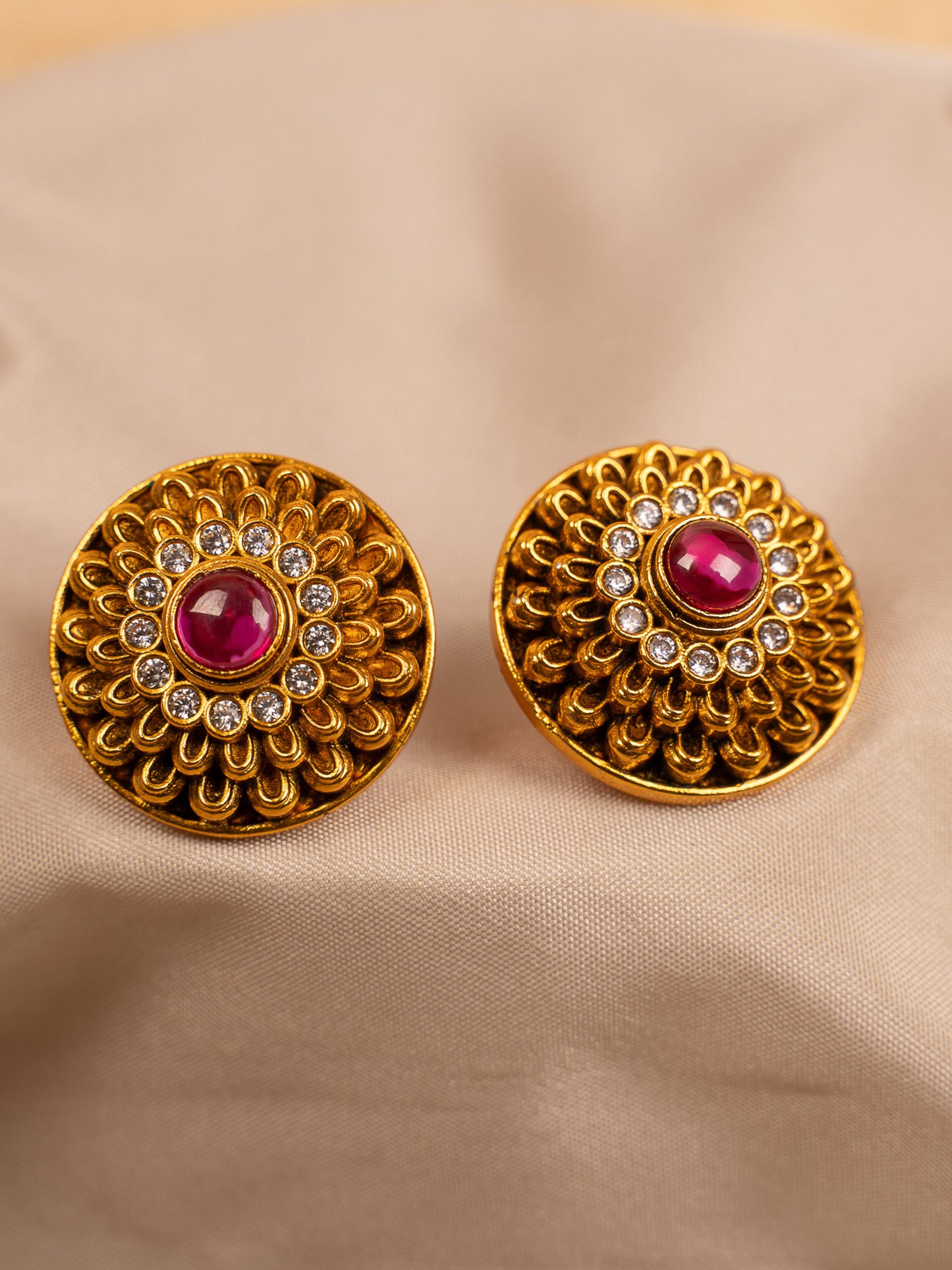 Gold-Toned Floral Stud Earrings with Ruby Center & CZ Detailing