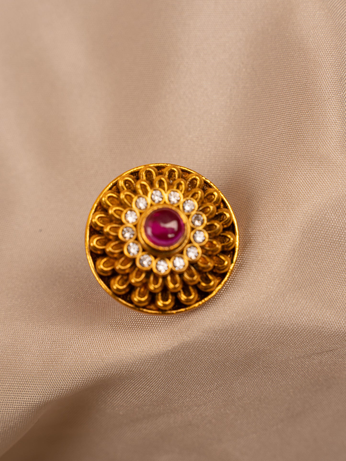 Gold-Toned Floral Stud Earrings with Ruby Center & CZ Detailing