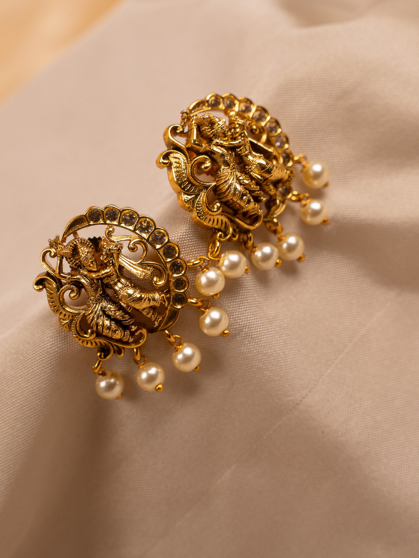 Antique Gold Radha Krishna Temple Earrings with Pearl Drops
