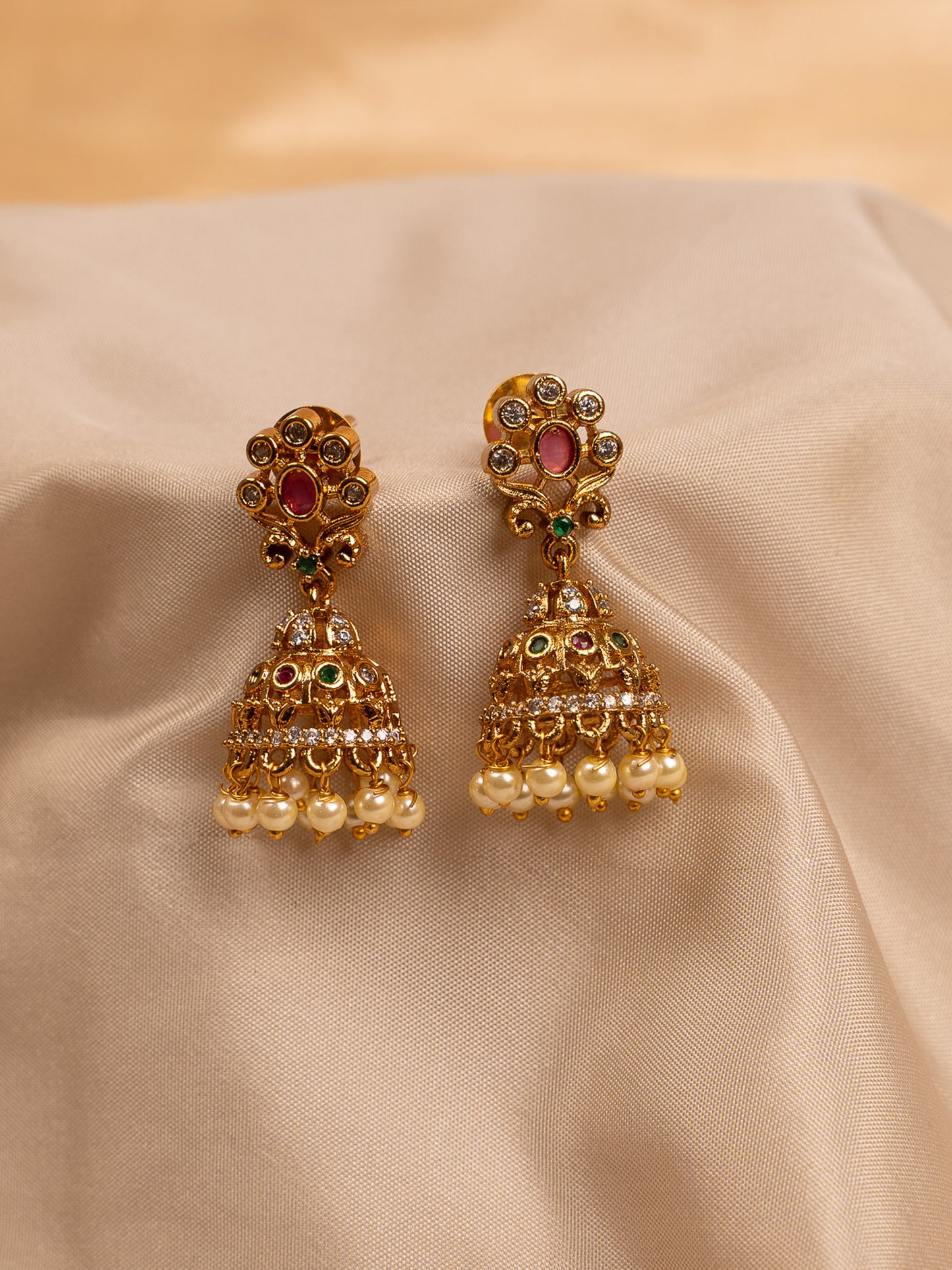 Antique Gold Plated Pearl Jhumka Earrings