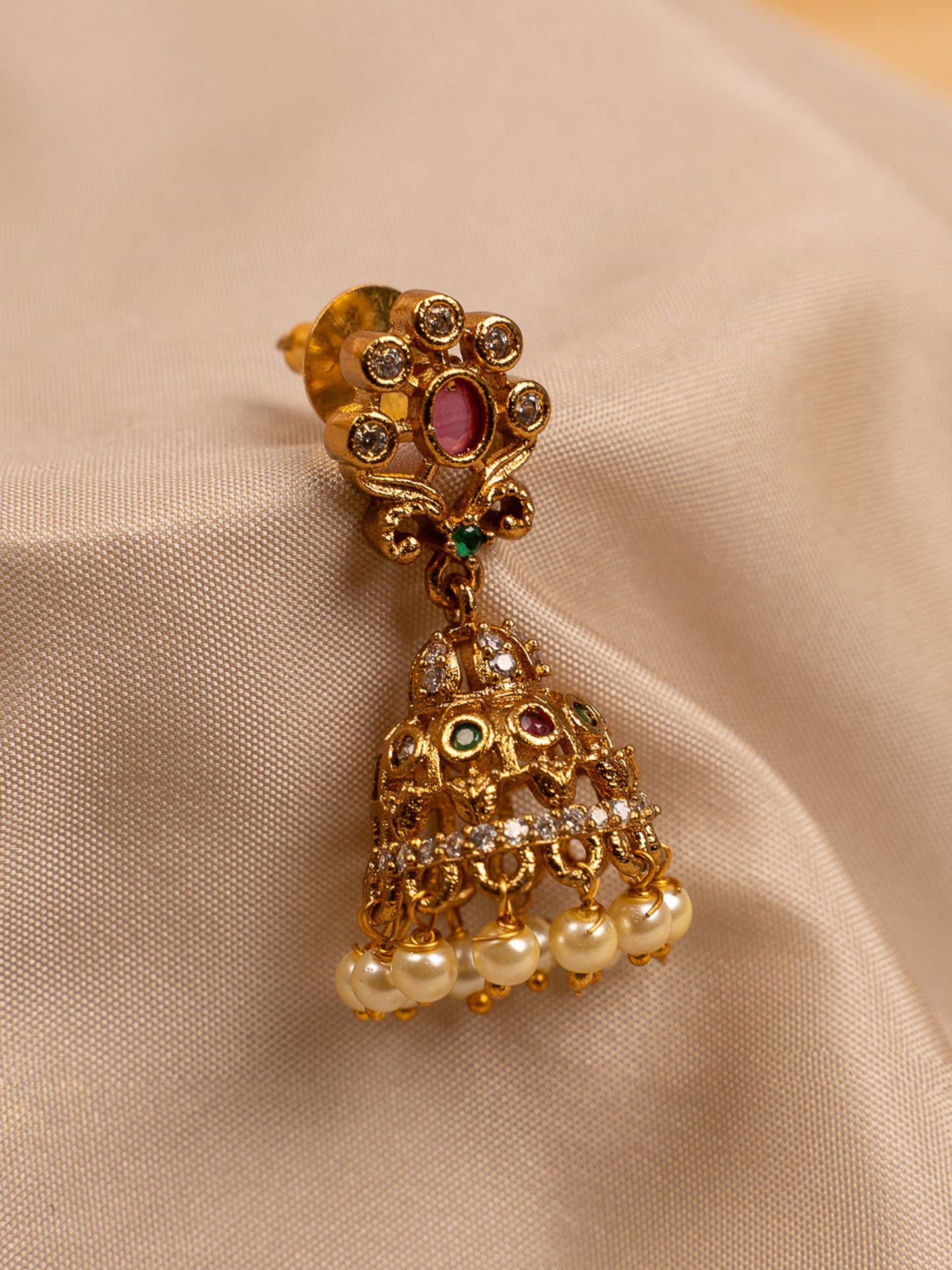 Antique Gold Plated Pearl Jhumka Earrings